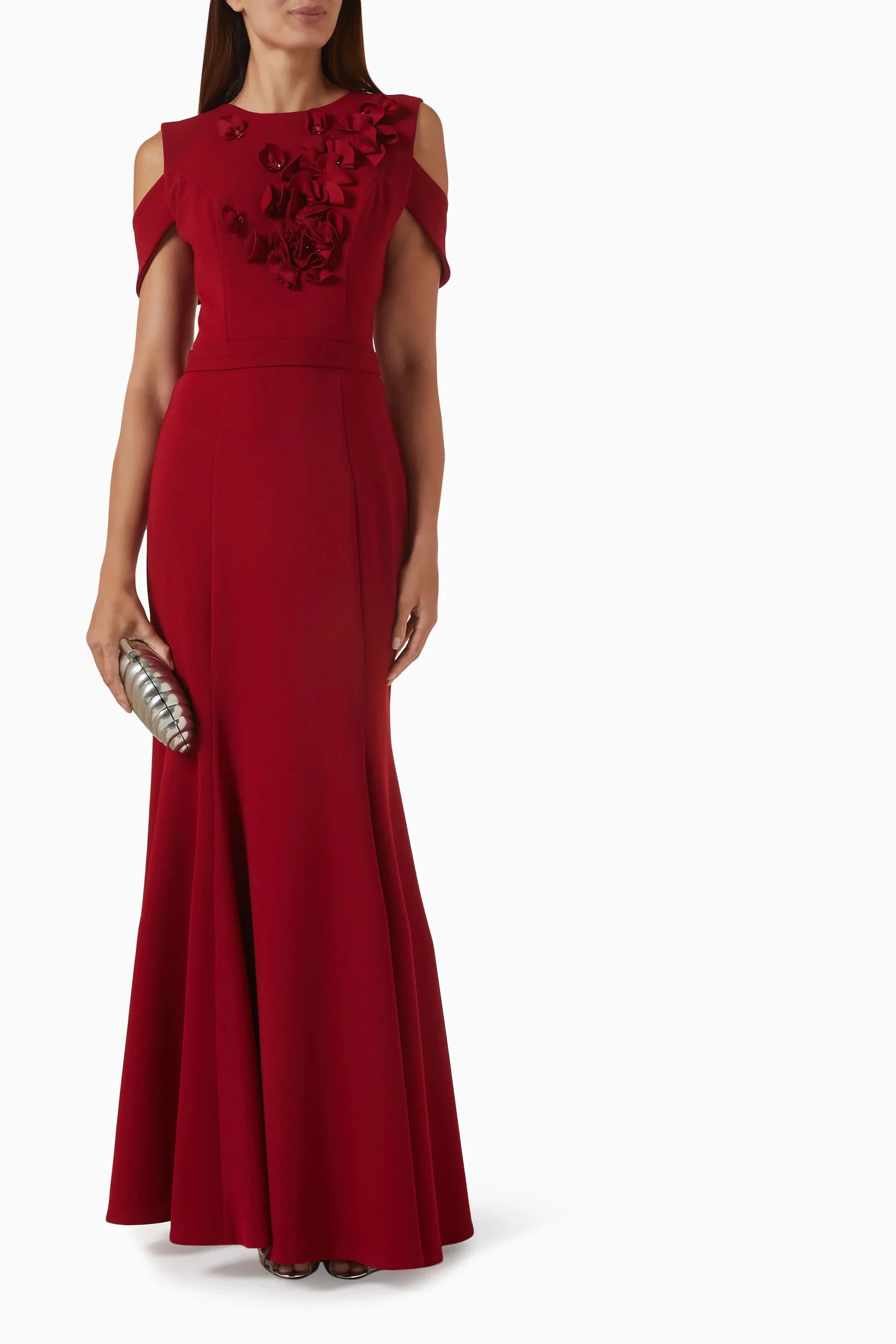 Customized Red Mermaid Evening Dress Cold Shoulder Sleeveless 3D Floral Applique Crepe Floor Length Formal Wedding Guest Gown