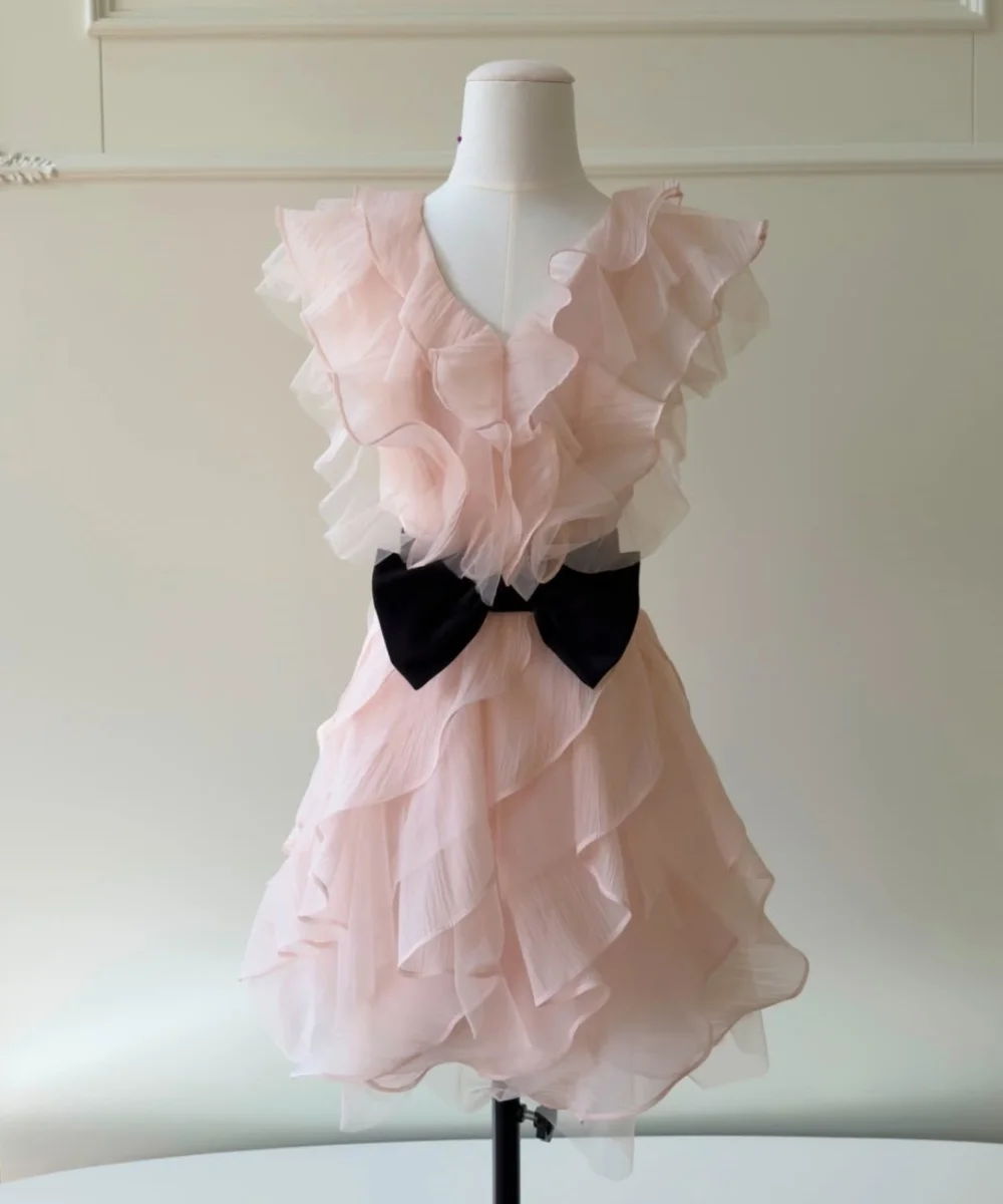 Customized Exquisite Chiffon Ruffle Pleat Bow A-line V-neck Short Bespoke Occasion Party Dresses Pastrol