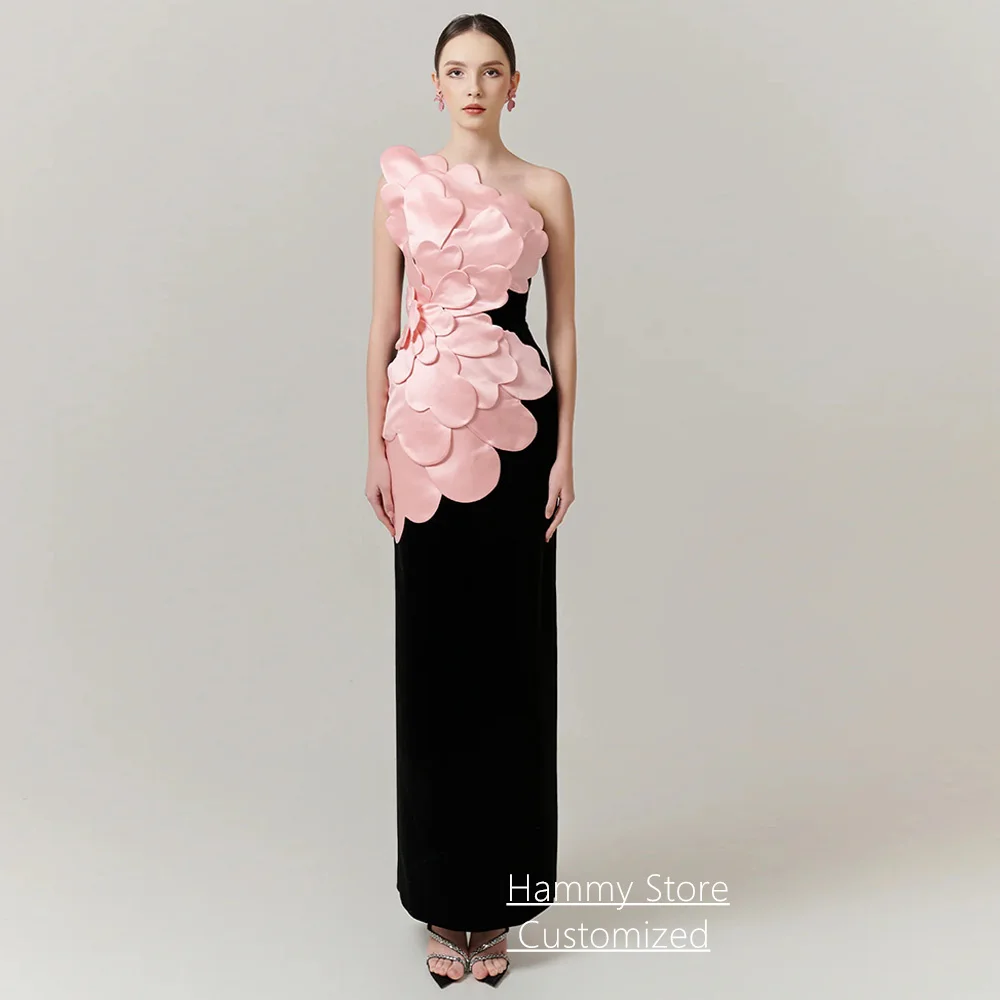 Modern Evening Dress Customized One Shoulder Sleeveless Floral Petals Ankle Length Straight Black Prom Gown for Woman