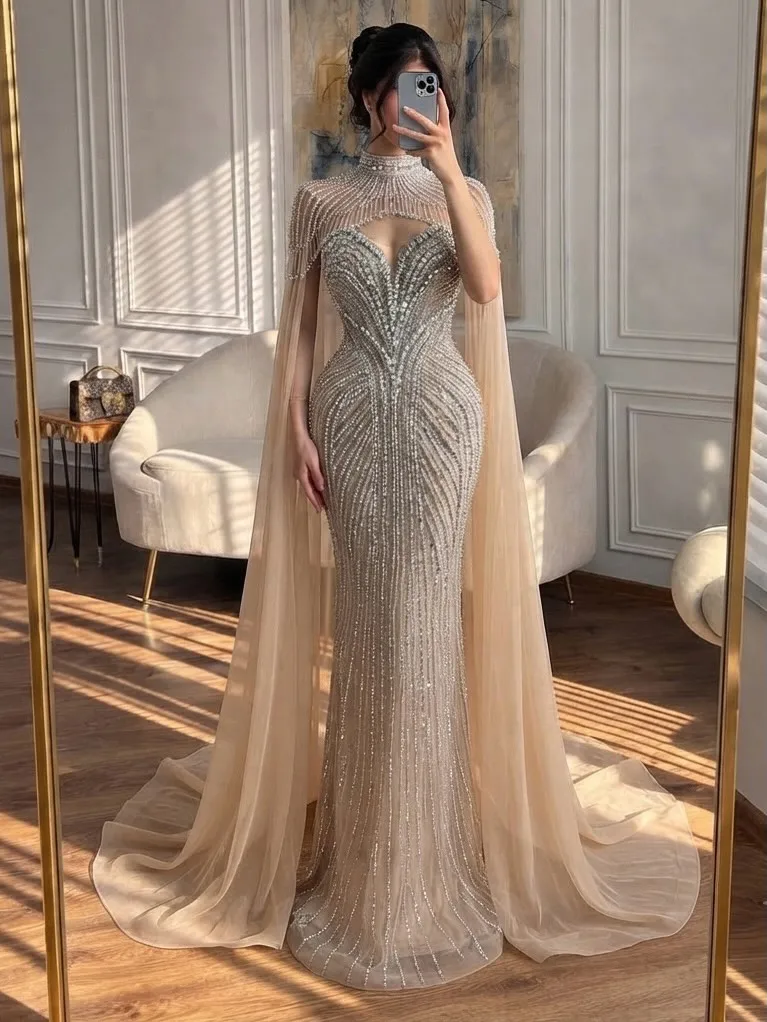Customized High Neck Evening Dresses Tassel Cape Crystal Beading Mermaid Train Prom Dresses Wedding Elegant Party Dresses