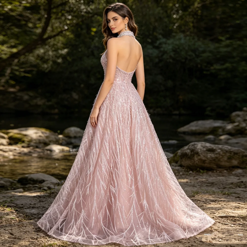 Customized Quinceanera Dresses Luxury Halter Sleeveless Sparkle Evening Dress A-line Floor-length Party Gown Exquisite