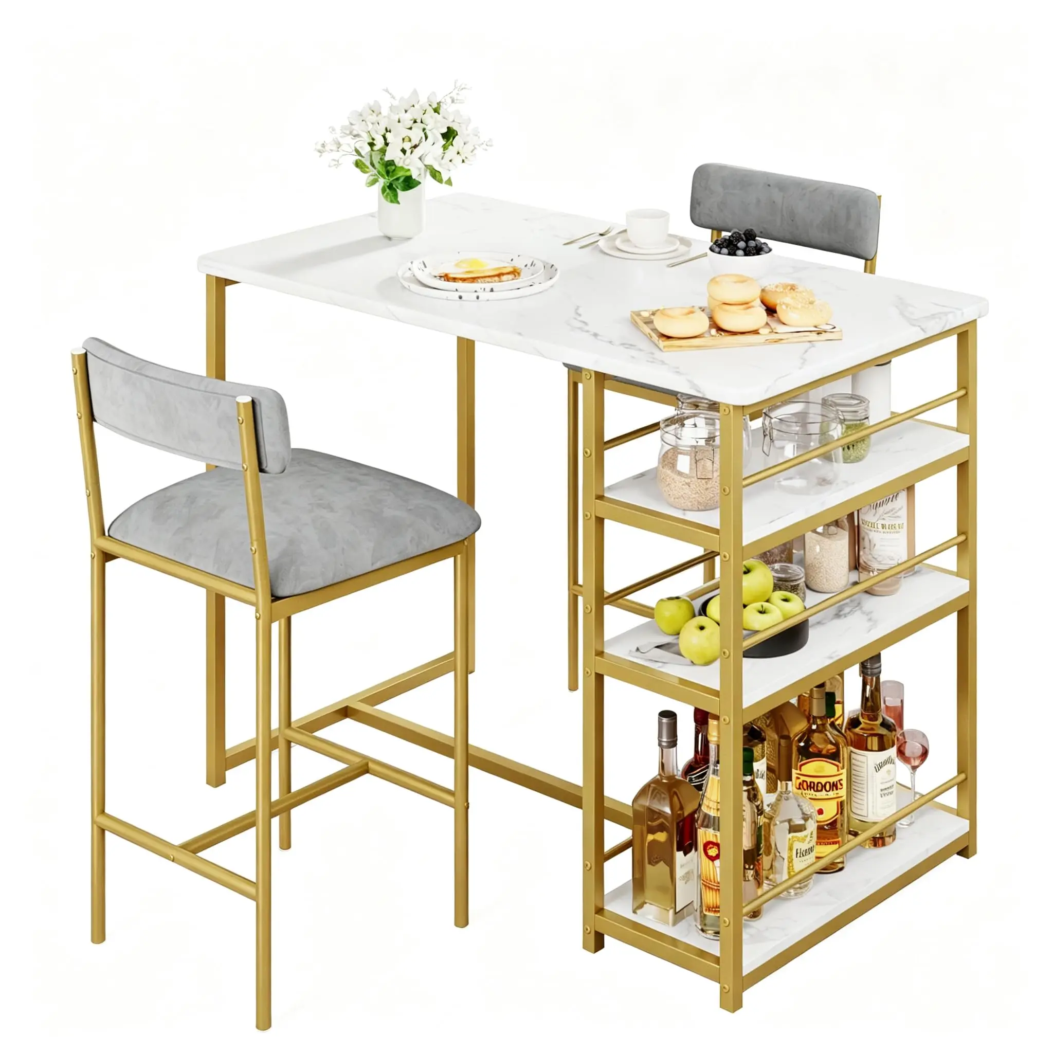 3-teiliges Bartisch-Set, Stehtisch mit 2 gepolsterten Stühlen, Essgruppe für 2 Personen, für kleine Küchen und Esszimmer, Gold-Grau