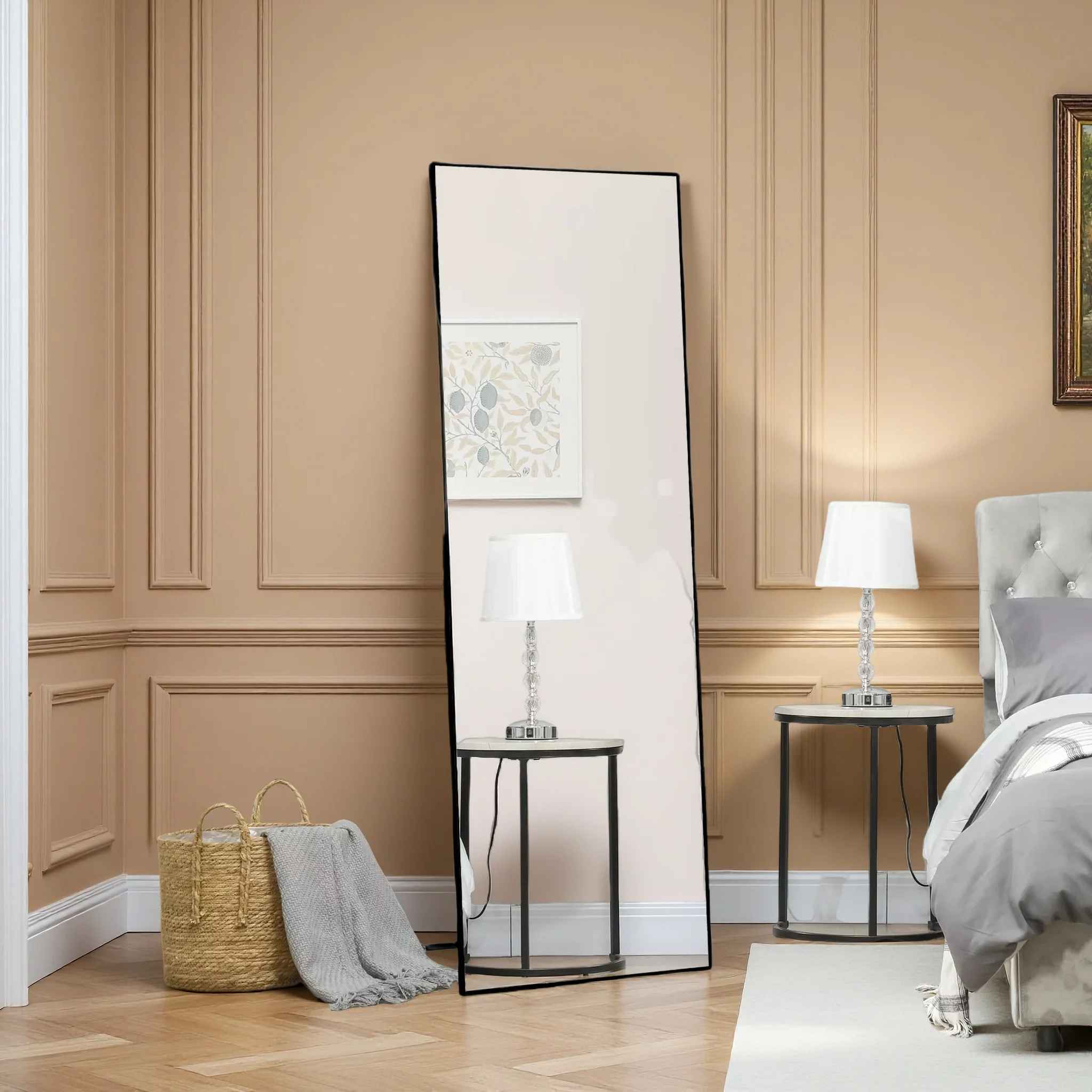 Ganzkörperspiegel, Rechteckiger Standspiegel, Aluminiumrahmen Wandspiegel Stehspiegel, Hartglas, für Schlafzimmer, Wohnzimmer, Fitnessstudio, Flur, Garderobe, Weihnachten, Schwarz,177×77cm