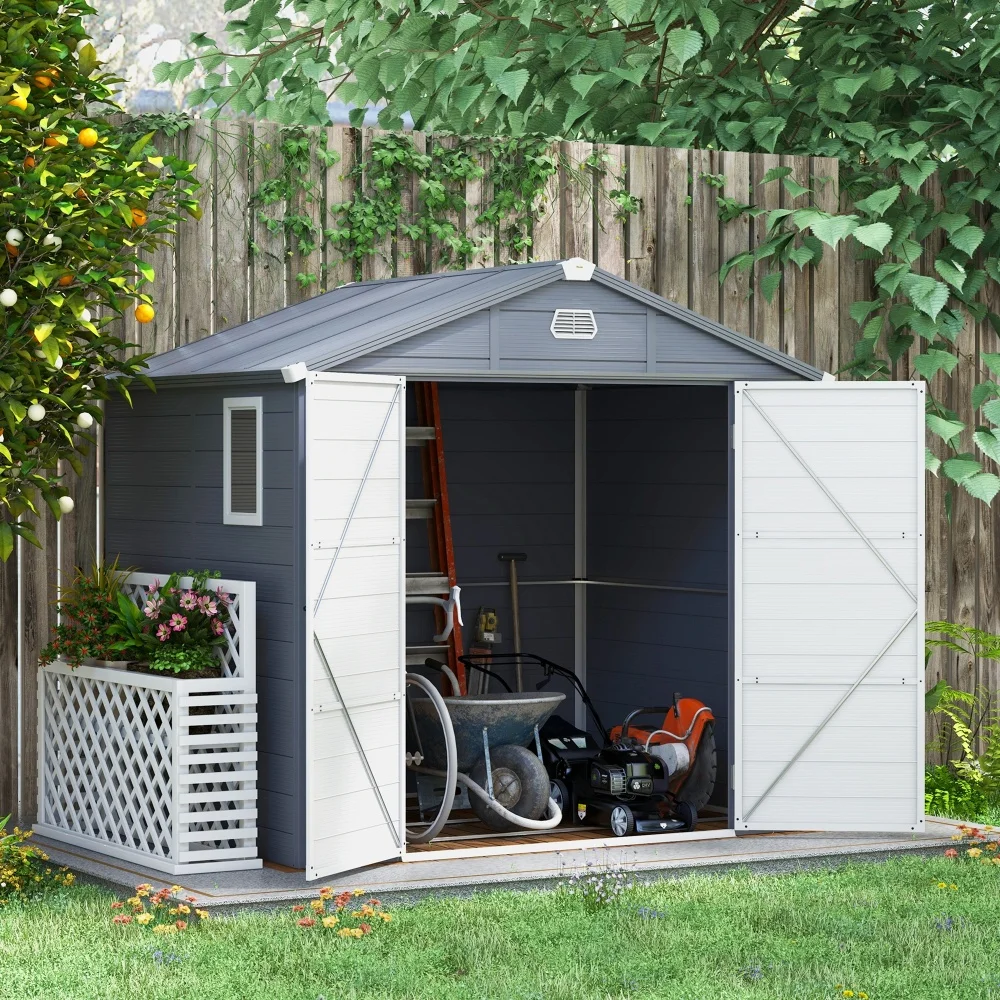 Abri de jardin Outsunny 4,1 m³, abri de jardin avec toit en pente, 240 x 190 x 180/228 cm, abri à outils avec porte verrouillable, fenêtre, garage à vélos, armoire de jardin en aluminium, pour jardin, cour, gris