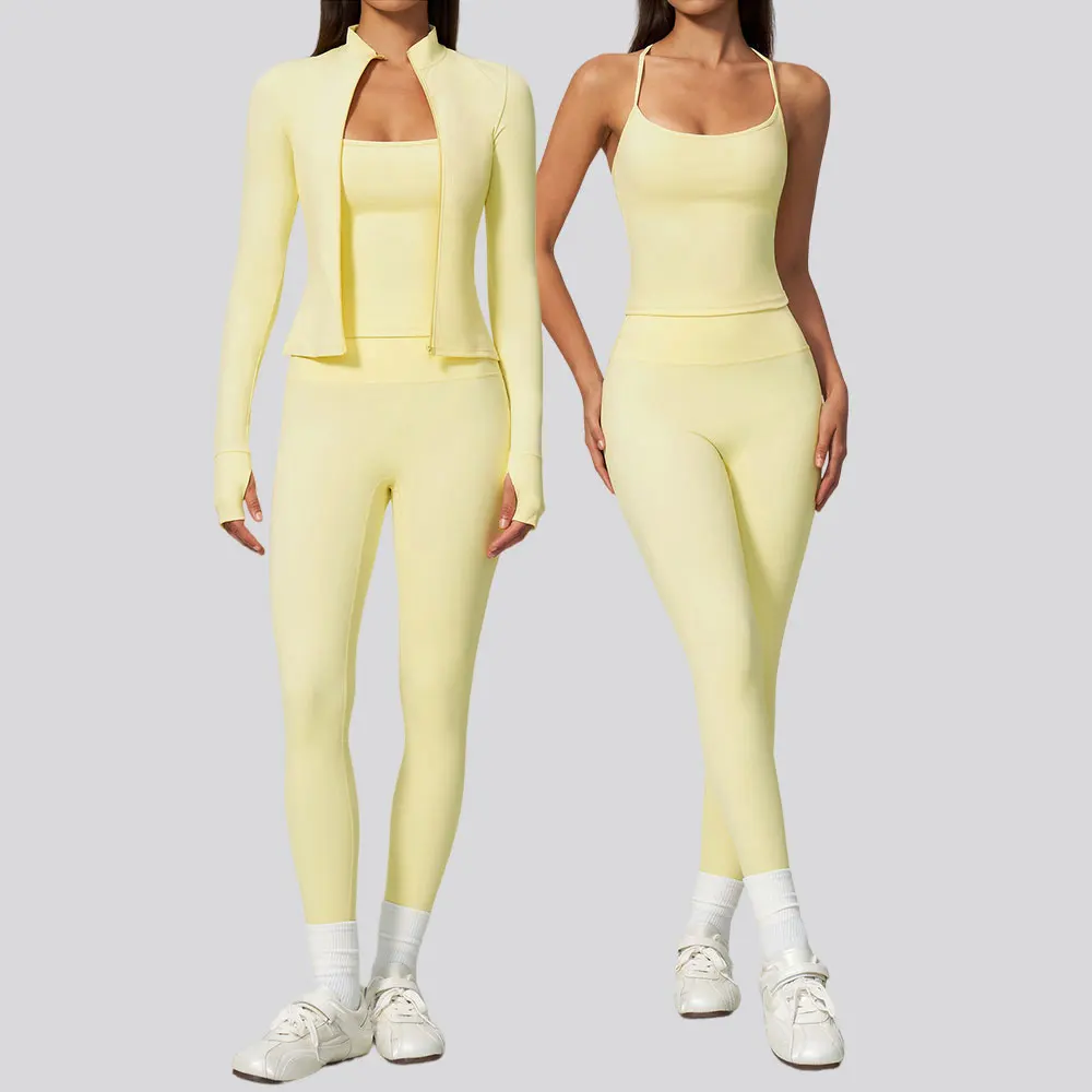 Ensemble de sport 2/3 pièces pour femmes, ensemble de yoga, vêtements de sport à manches longues, survêtement de gym, leggings, soutien-gorge de sport, vêtements de sport d'extérieur