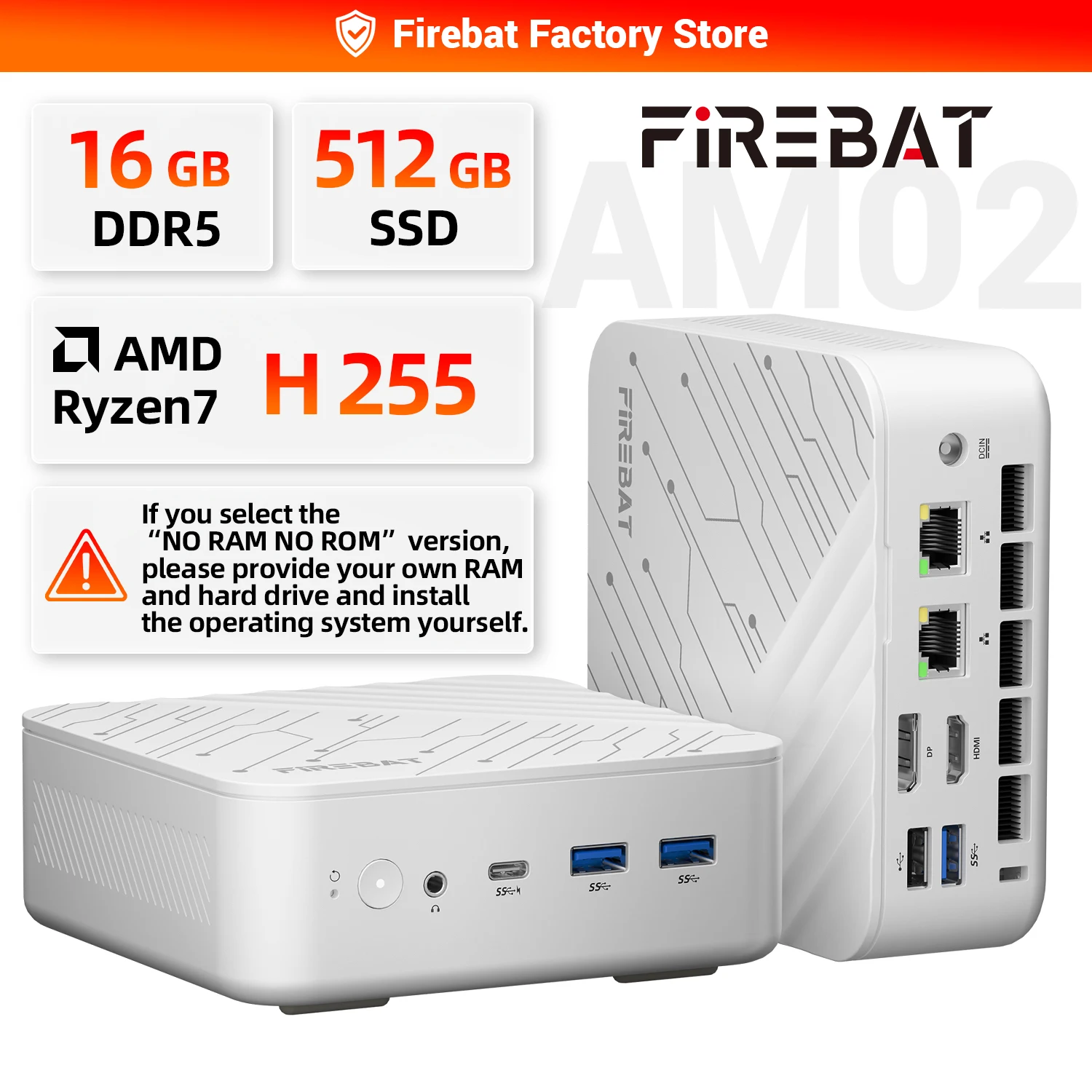 FIREBAT AM02 AMD Ryzen7 H 255 Mini-PC 16GB DDR5 RAM 512GB SSD WIFI6 BT5.2 4A1C Dual RJ45 3*4K Display Kompakter Gaming-Computer