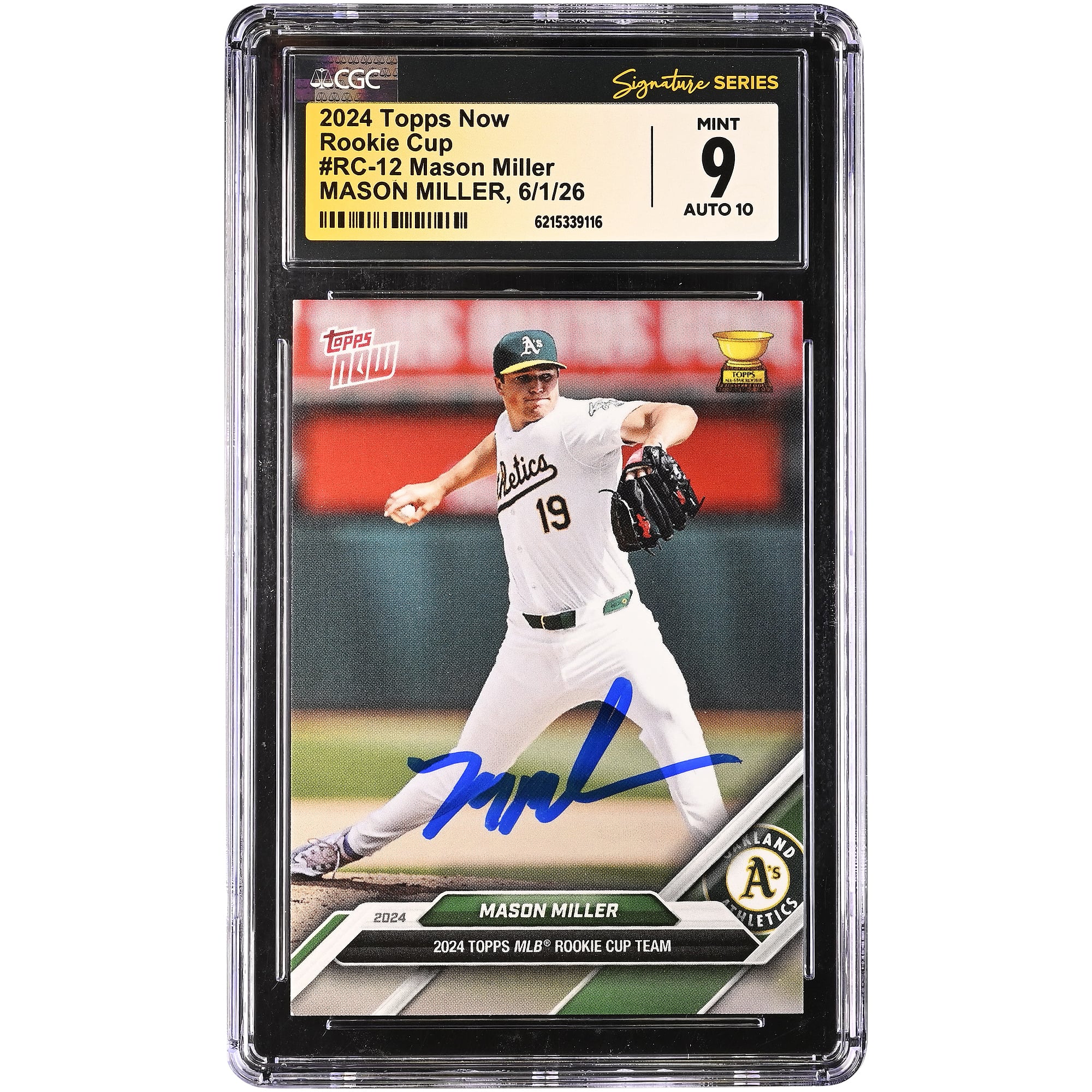 Carte autographiée Mason Miller Athletics 2024 Topps Now Rookie Cup #RC-12, authentifiée CGC Fanatics Witnessed (9/10).