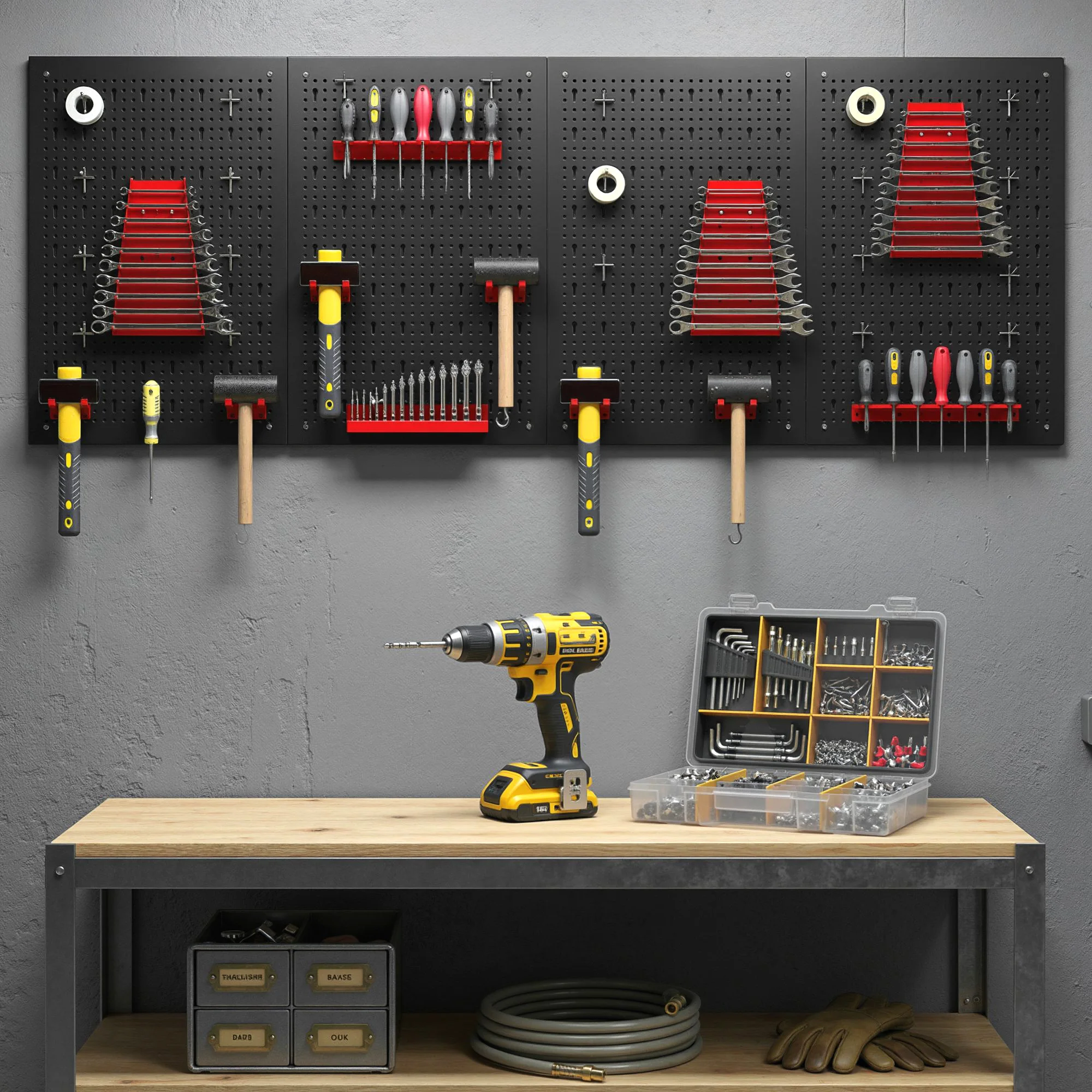 Armoire de rangement modulaire robuste pour outils, 3 étagères ouvertes, 1 tiroir, 2 panneaux perforés pour outils, pièces d'outils, multi-outils, garage, atelier, rangement et organisation d'outils,