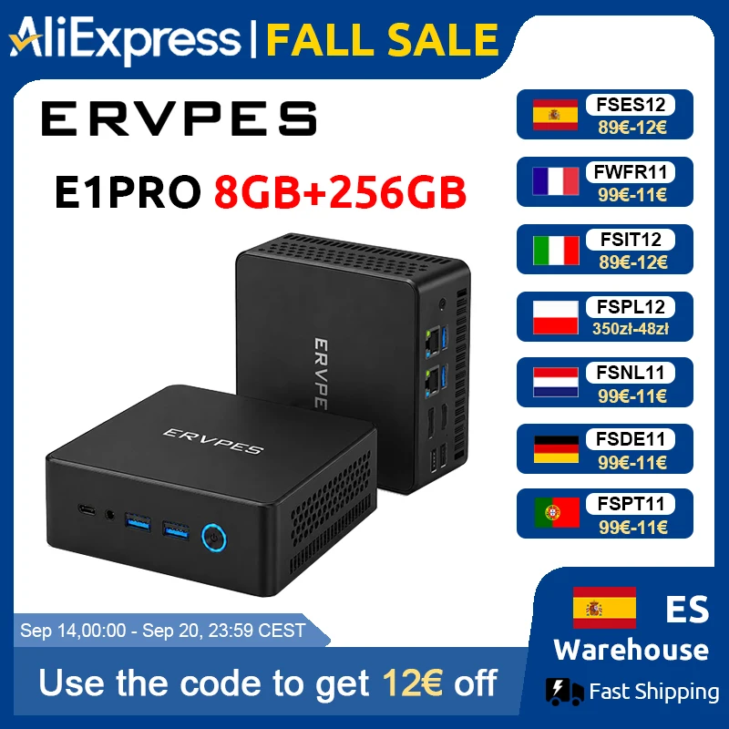 ERVPES E1PRO Mini-PC 8GB LPDDR4 256GB SSD Intel N4505 Windows 11 Pro Dual-Band WLAN BT5.0 Büro-Desktop-Mini-Computer