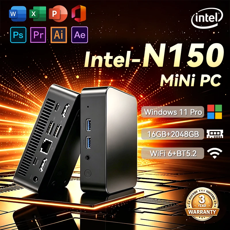 Mini PC Intel N150 Windows 11 Pro, PC portable pour jeux, 16 Go de RAM, 1 To/2 To SSD, Mini PC pour bureau, étude, jeux, Wifi6, BT5.2, PC de bureau