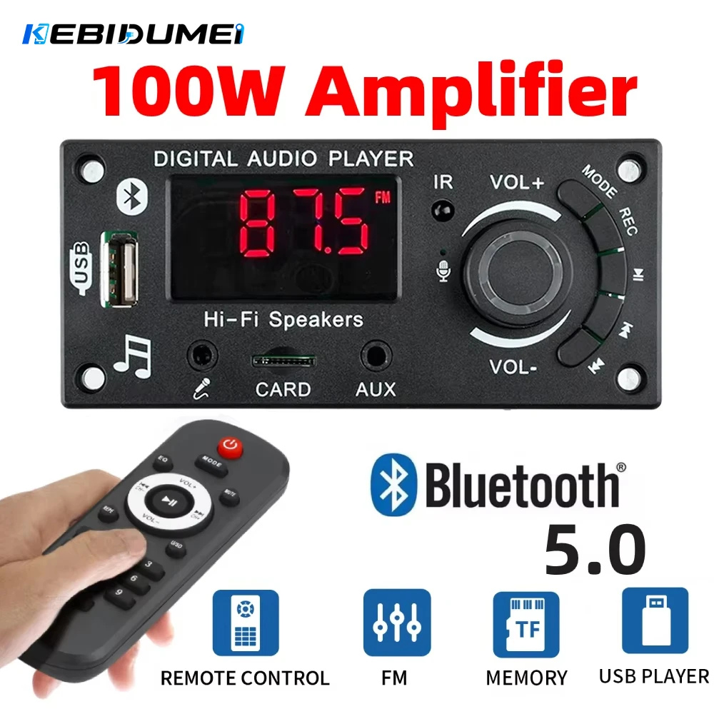 KEBIDUMEI Amplificateur Audio 100W, Lecteur MP3 Bluetooth 5.0 DIY, Carte Décodeur MP3, Lecteur MP3, Module Radio FM pour Voiture, TF, USB, Micro, Enregistrement d