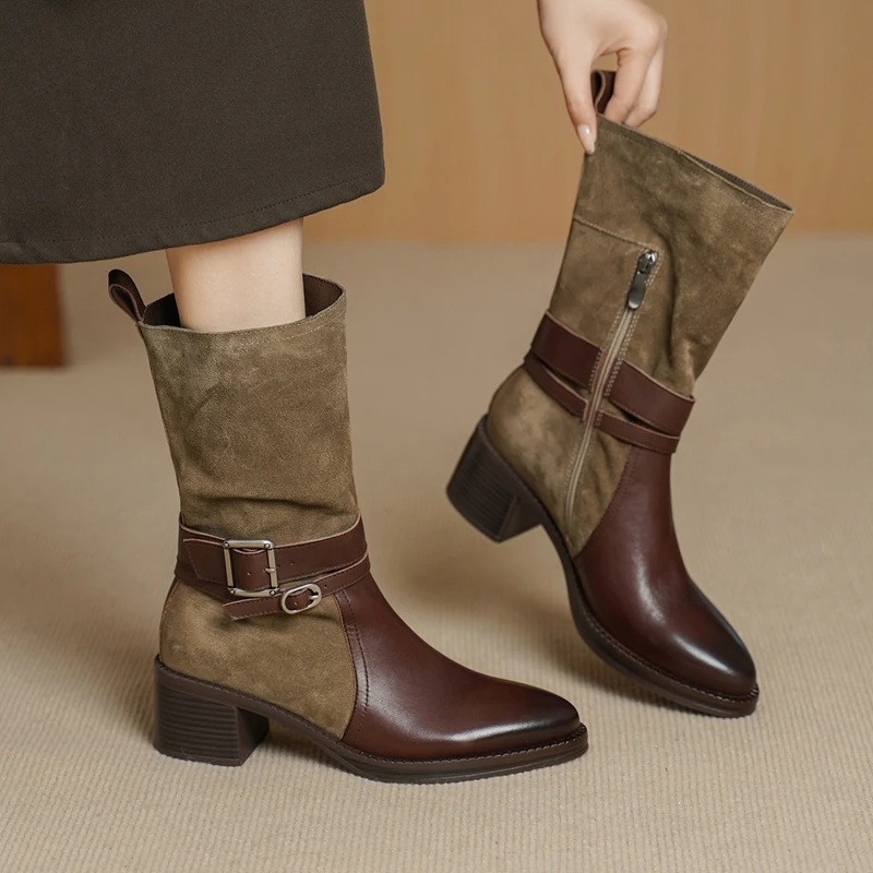 2027 Herbst Neue Retro Damenstiefel Halbhohe Stiefel mit Hohem Absatz und Schnallenverschluss aus Echtem Leder Winter Damenschuhe Westernstiefel
