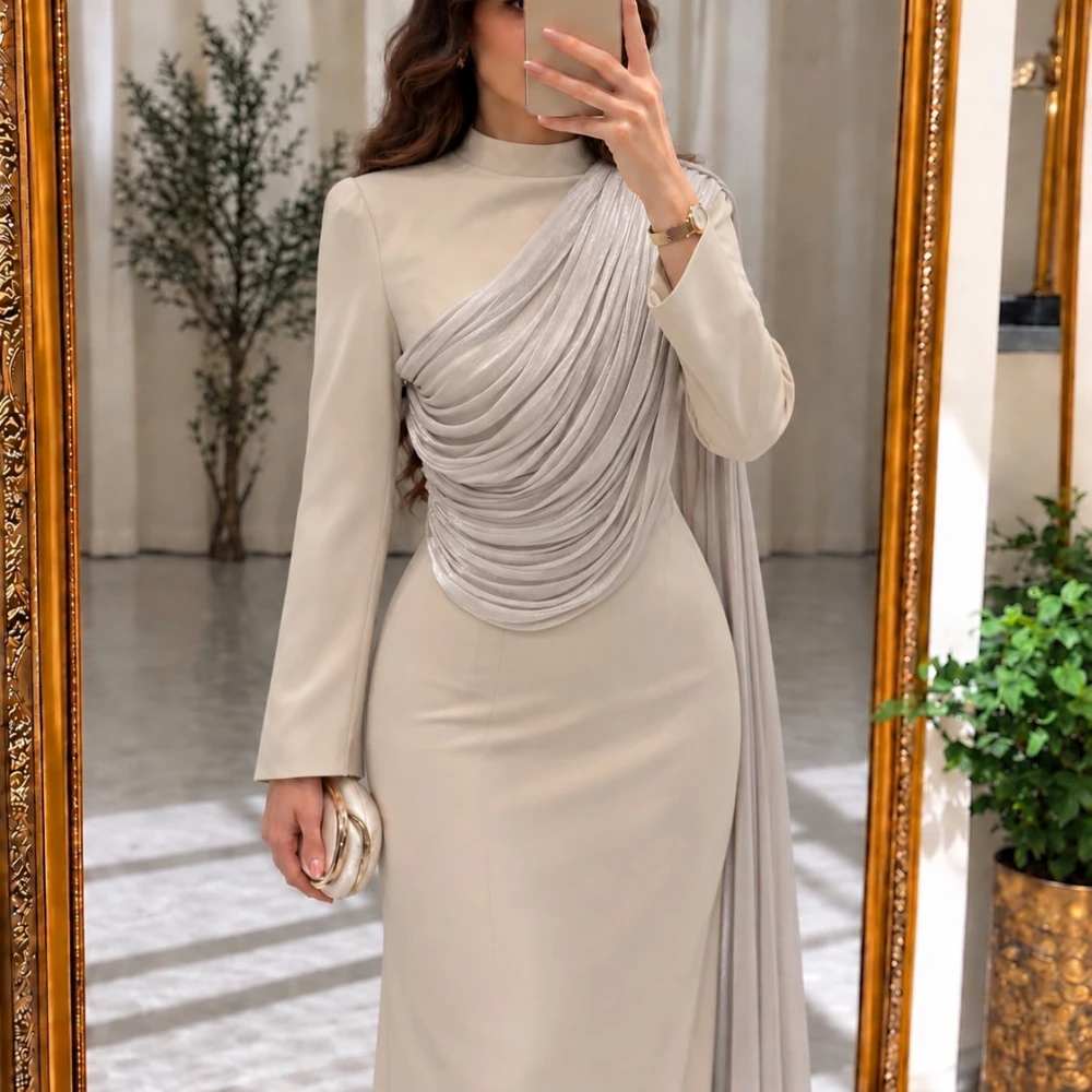 Customized Elegant Beige Modest Evening Gown High Neck Long Sleeve Draped Ruched Bodice Detail Flowing Side Cape Straight