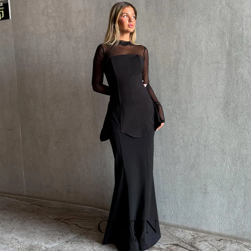 CUYUN Customized Black Evening Dresses 2026 Illusion Mermaid Long Sleeves Vestidos De Fiesta O Neck Long Prom Party Gowns