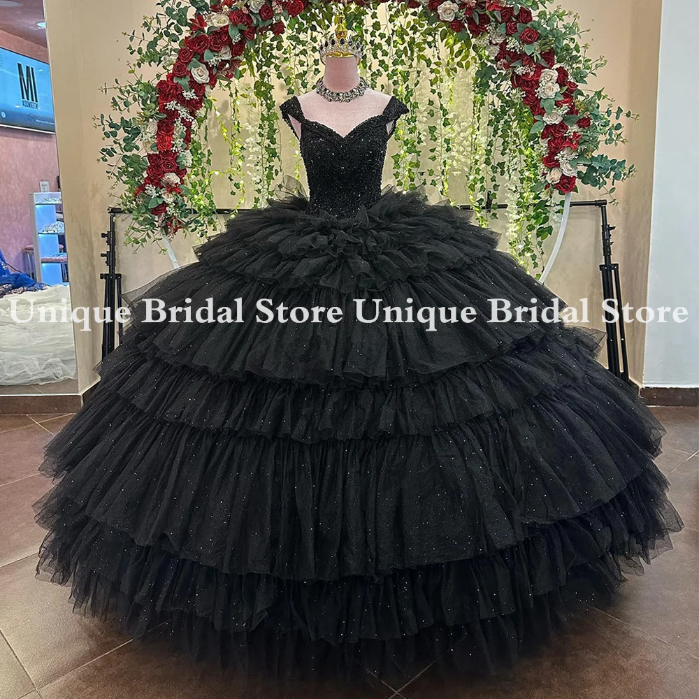 Customized Black Ball Gown Quinceanera Dress Birthday Party Dresses Cap Sleeve V Neck Beadings Rhinestones Tiered Tulle Sweet 15