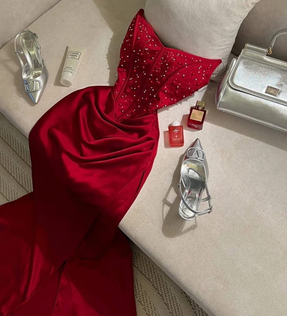 Customized Retro Jersey Pleat Sequined Pattern Mermaid Strapless Long Luxury Party Dresses Exquisite Modern Style