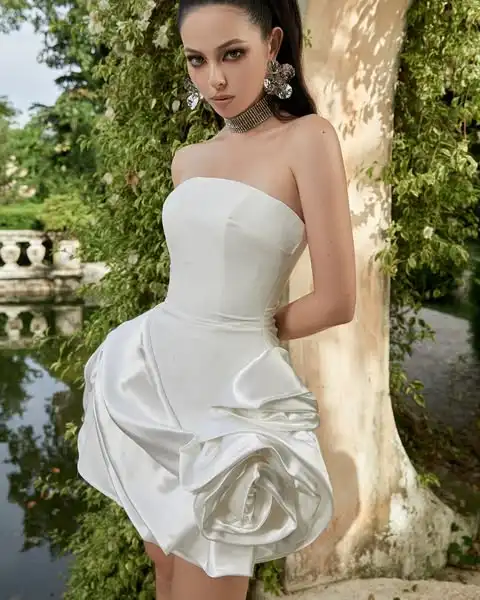 Sexy White Mini Dress Handmade Flower Short Women Dresses To Party Strapless A-line Birthday Dresses robes de soirée
