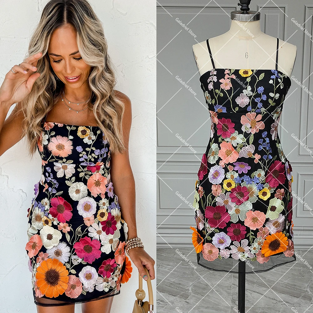 Adjustable Spaghetti Straps Bloom Flower Cocktail Dress Mini Customized Square Neck Colorful Fantasy Homecoming Evening Gowns
