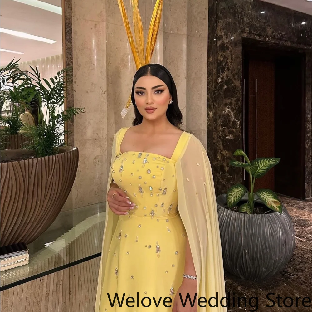 Bright Yellow Modest Maxi Evening Gown Square Neck Sheer Chiffon Cape Sleeves Silver Rhinestone Beaded Appliques Formal Dress