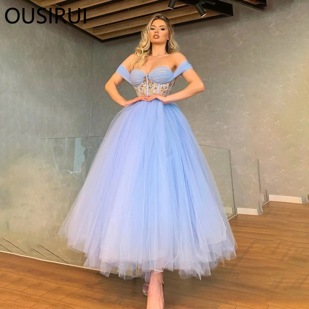 OUSIRUI Sweetheart Collar Tulle Puffy Prom Party Dresses with Lace A-line Tea-Length Backless Formal Prom Gown vestidos de festa
