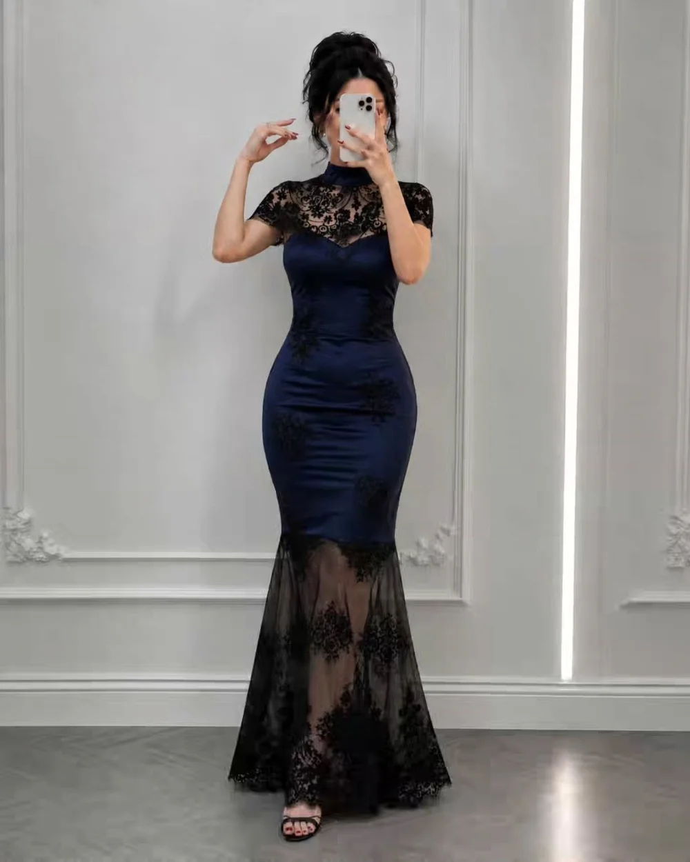 Customized Sizes Available Modest Navy Blue Tulle Pleat Lace Mermaid High Collar Floor-Length Evening Dresses Party Gowns Sexy
