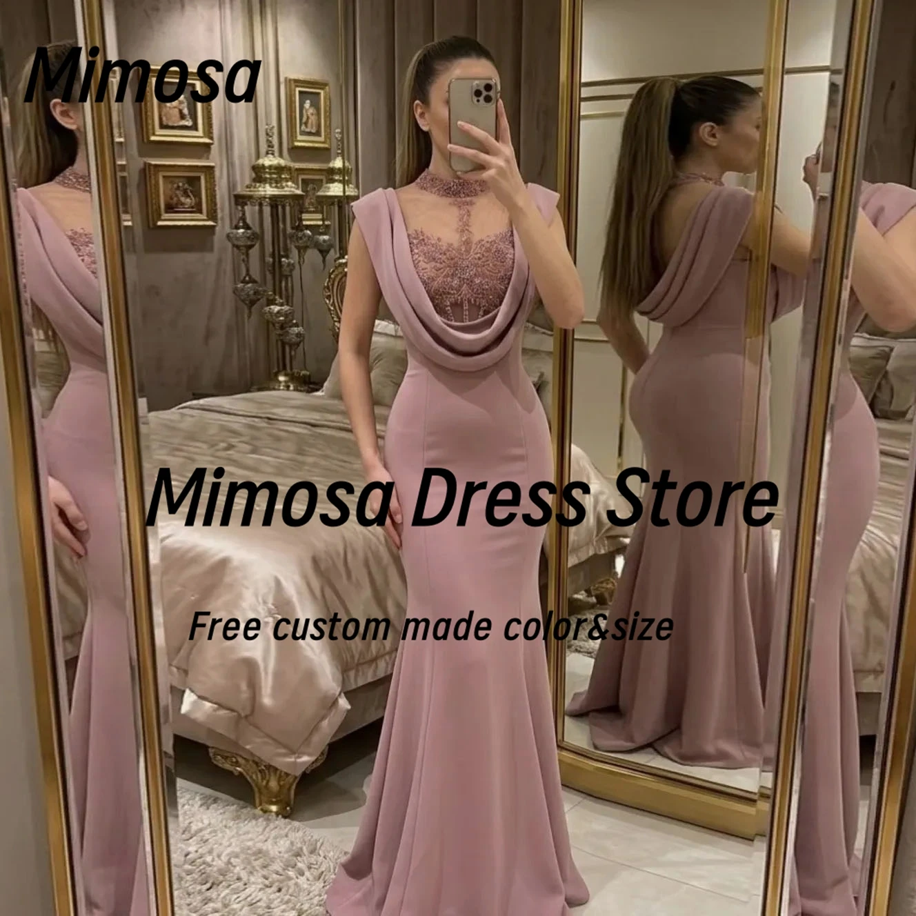 Mimosa High Collar Prom Dresses with Applique Pick Ups Evening Dress Sexy Back Long Maid of Honor Wedding Party Gowns Customized