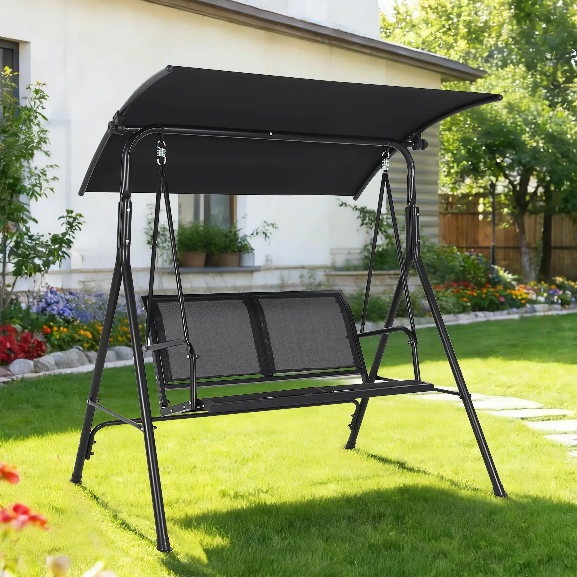 2-Sitzer-Gartenlounge-Set mit Rahmen – verstellbarer Sonnenschutz – wetterbeständiges Textilene-Gewebe und Stahlrahmen – ideal für Garten, Terrasse und Veranda.