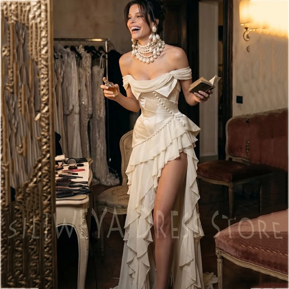 Off The Shoulder Evening Dress Asymmetrical High Low Ruffle Tiered Slit Wedding Guest Custom Made Women's Formal Party Gown