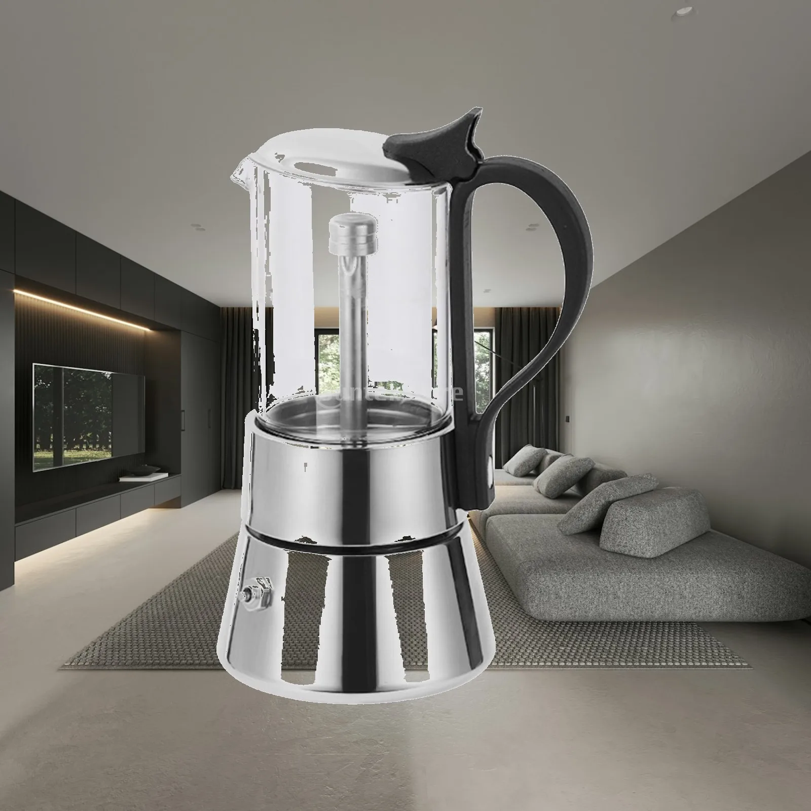 Cafetière à Expresso Transparente pour Plaque de Cuisson avec Compartiment en Verre, en Acier Inoxydable