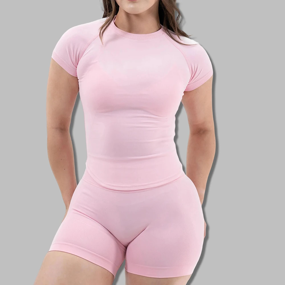 Ensemble de sport 2 pièces pour femme, haut sans couture à manches courtes et short froncé, tenue de yoga, vêtements de sport, ensemble de fitness pour la salle de sport