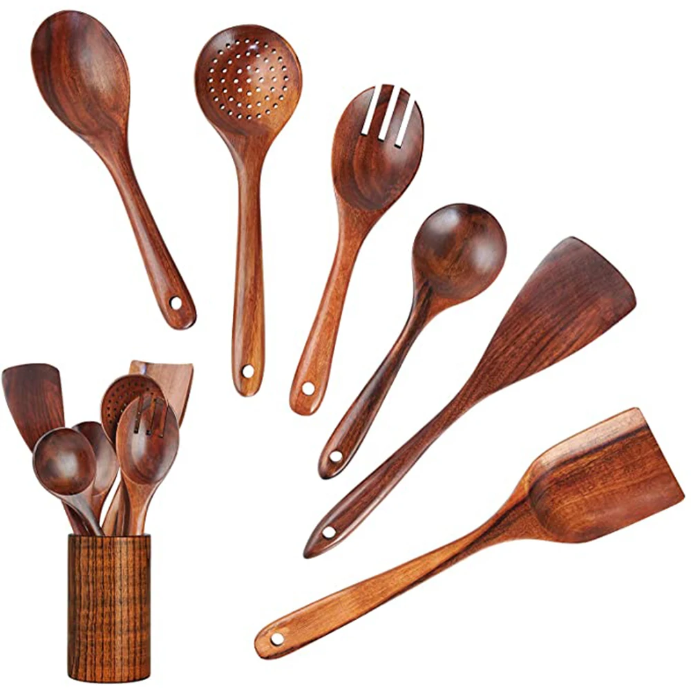 Ensemble d'ustensiles de cuisine 1-7 pièces, ensemble d'ustensiles de cuisine en bois, outils de cuisine pour poêles antiadhésives, cadeau pour voisin, ensemble de cuillères de cuisine en bois