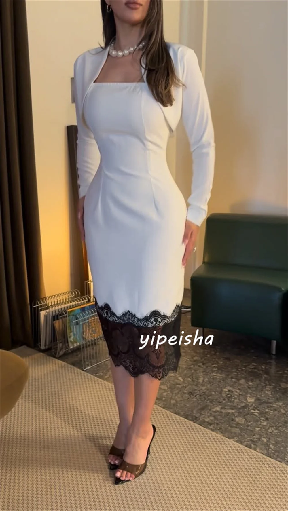Customized Beige Jersey Lace Exquisite High Quality Mermaid Square Neck Tea Length Evening Dresses For Birthday Party