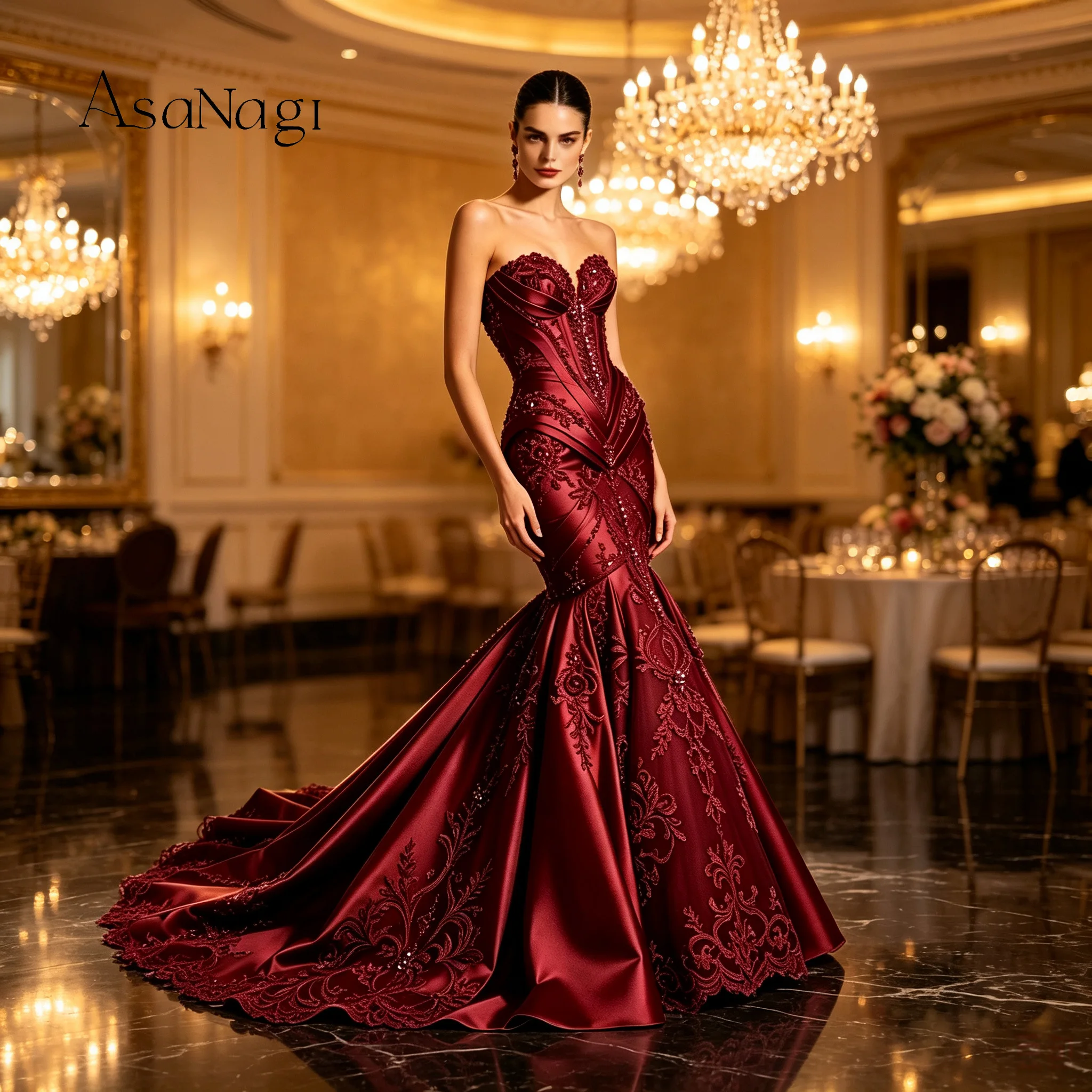 Gorgeous Wine-Red Plunging Floor-Length Evening Dress with Beaded Long Train Luxurious Formal Evening Gown for Grand Events