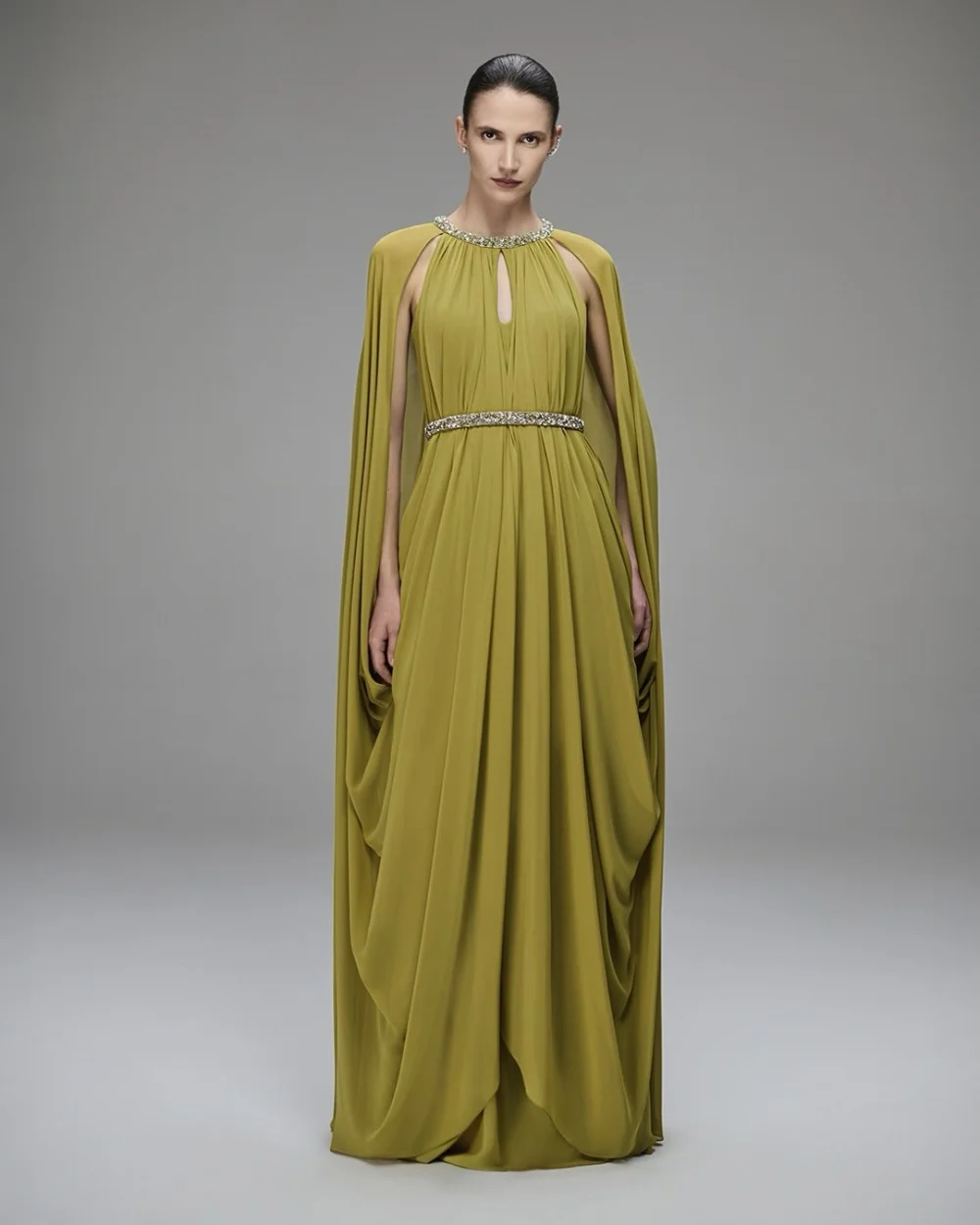 Customized Green Fashion Chinese Style Chiffon Beading Sequined Draped A-line Scoop Neck Long Dresses Evening Dresses