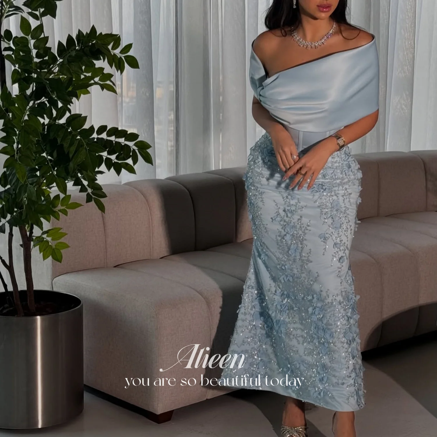 Aileen Light Blue Satin Off Shoulder Cocktail Dress Hot Sale Short Sleeve Mermaid Ankle-Length Beading Dress Customized