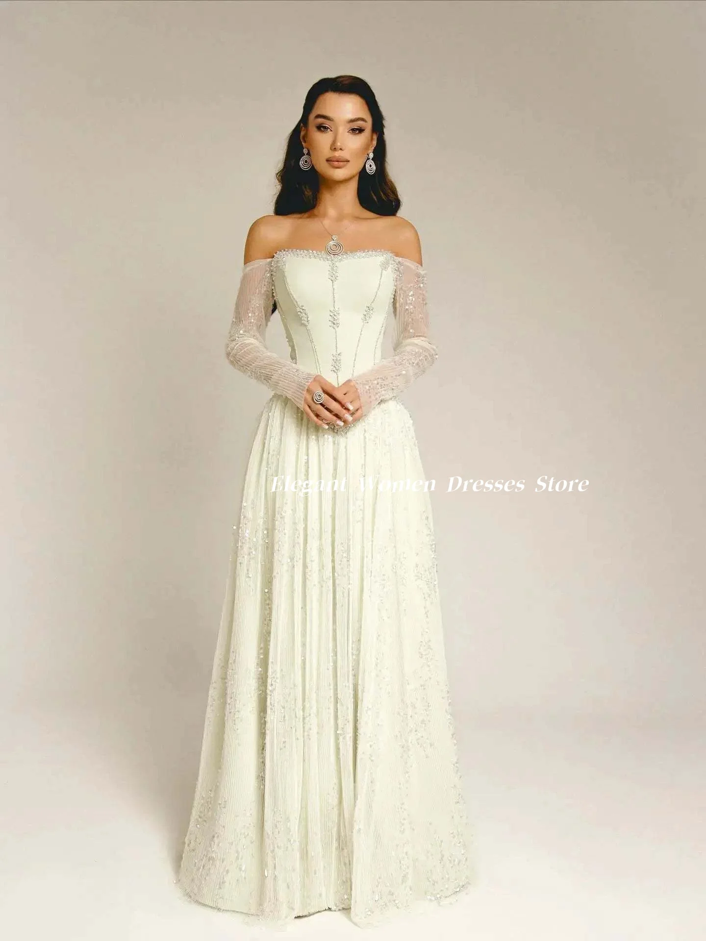 Evening Dress Off‑Shoulder Long Sleeve Sequin A‑Line Gown Corset Bodice Women Elegant Formal Gala Party Long Dresses Customized