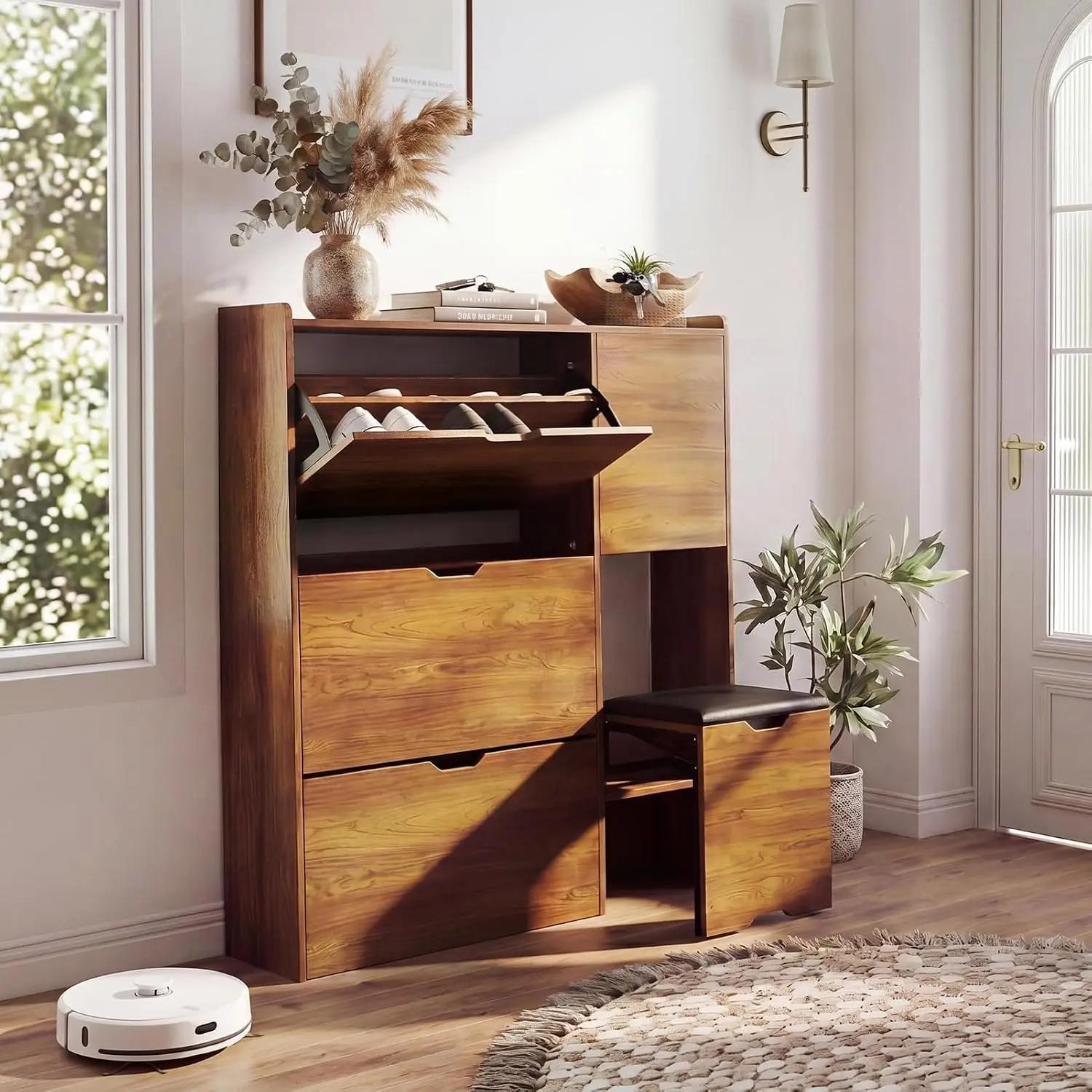 Platzsparender Schuhschrank Schmal mit Sitzbank - Schuhkipper/Schuhregal mit Stauraum - Für Flur, Diele & Eingang - Sitzfläche - Holzoptik Braun