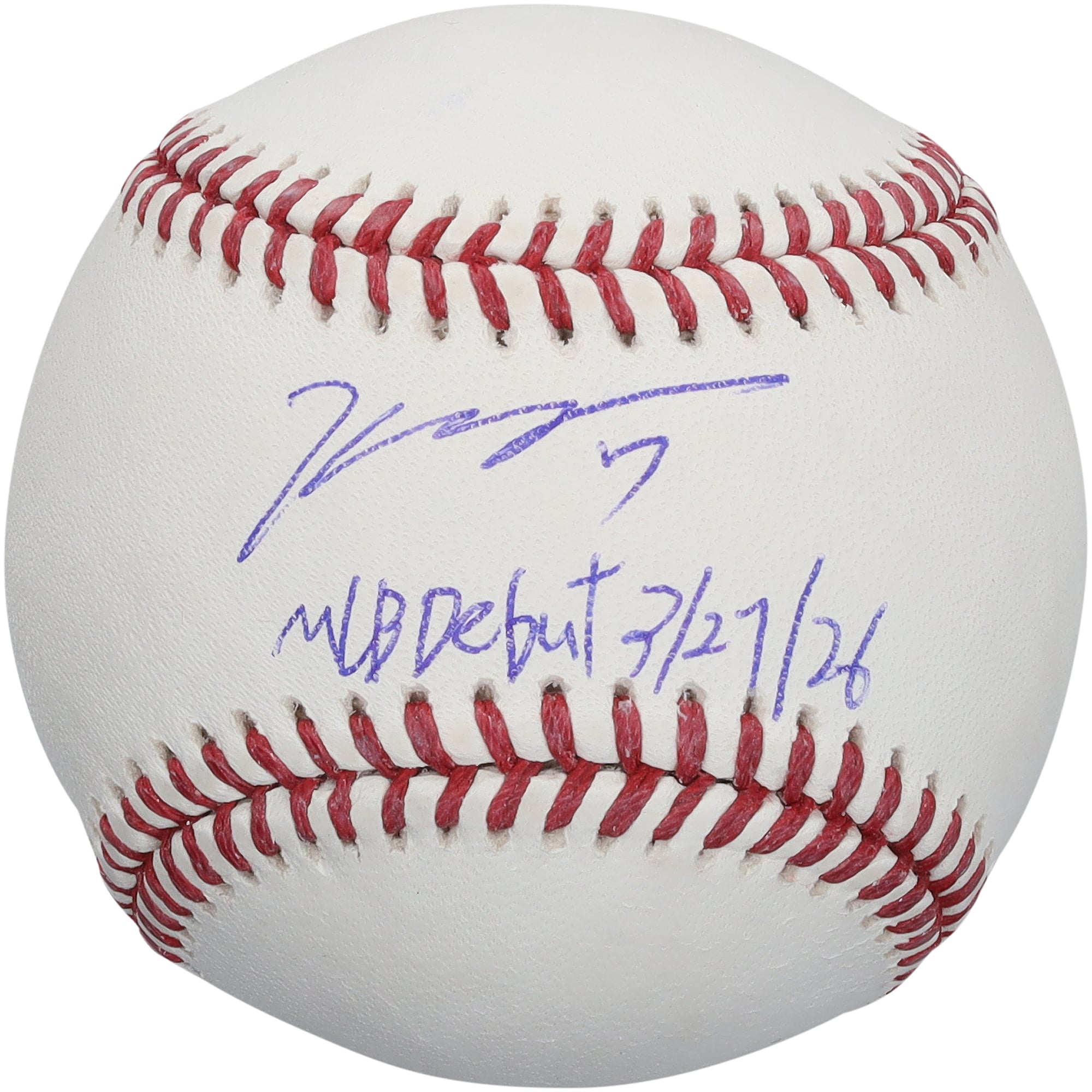 Von Kazuma Okamoto signierter Baseball der Toronto Blue Jays mit der Inschrift „MLB-Debüt 27.03.26“.