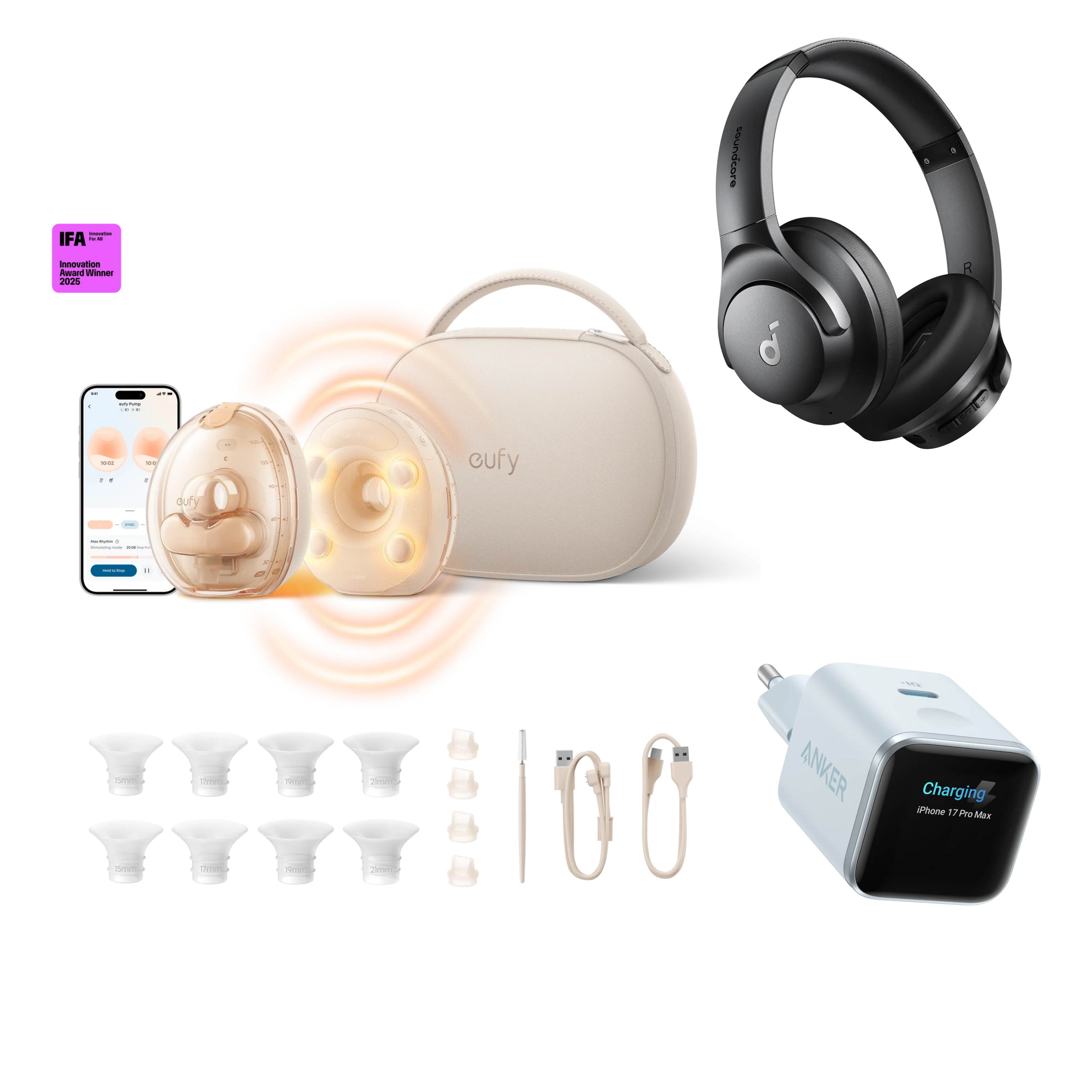 Anker eufy Milchpumpe mit Ladecase S2 Pro, Nano Ladegerät (45W, Smart Display) und Q20i Kopfhörer mit Noise Cancelling
