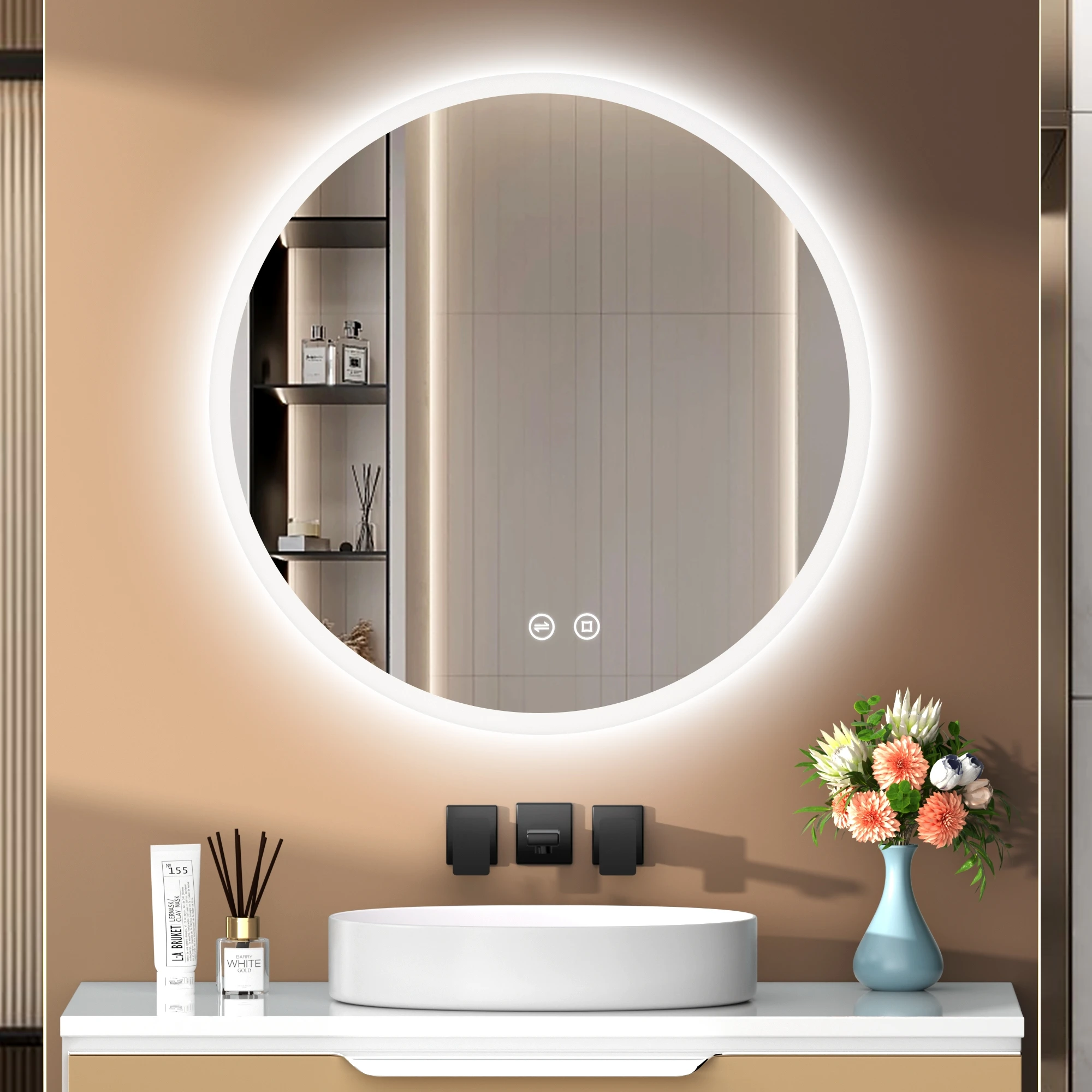 60 cm runder LED-Badezimmerspiegel mit Beleuchtung, 3 Lichtfarben, dimmbar, Touch-Schalter und Speicherfunktion