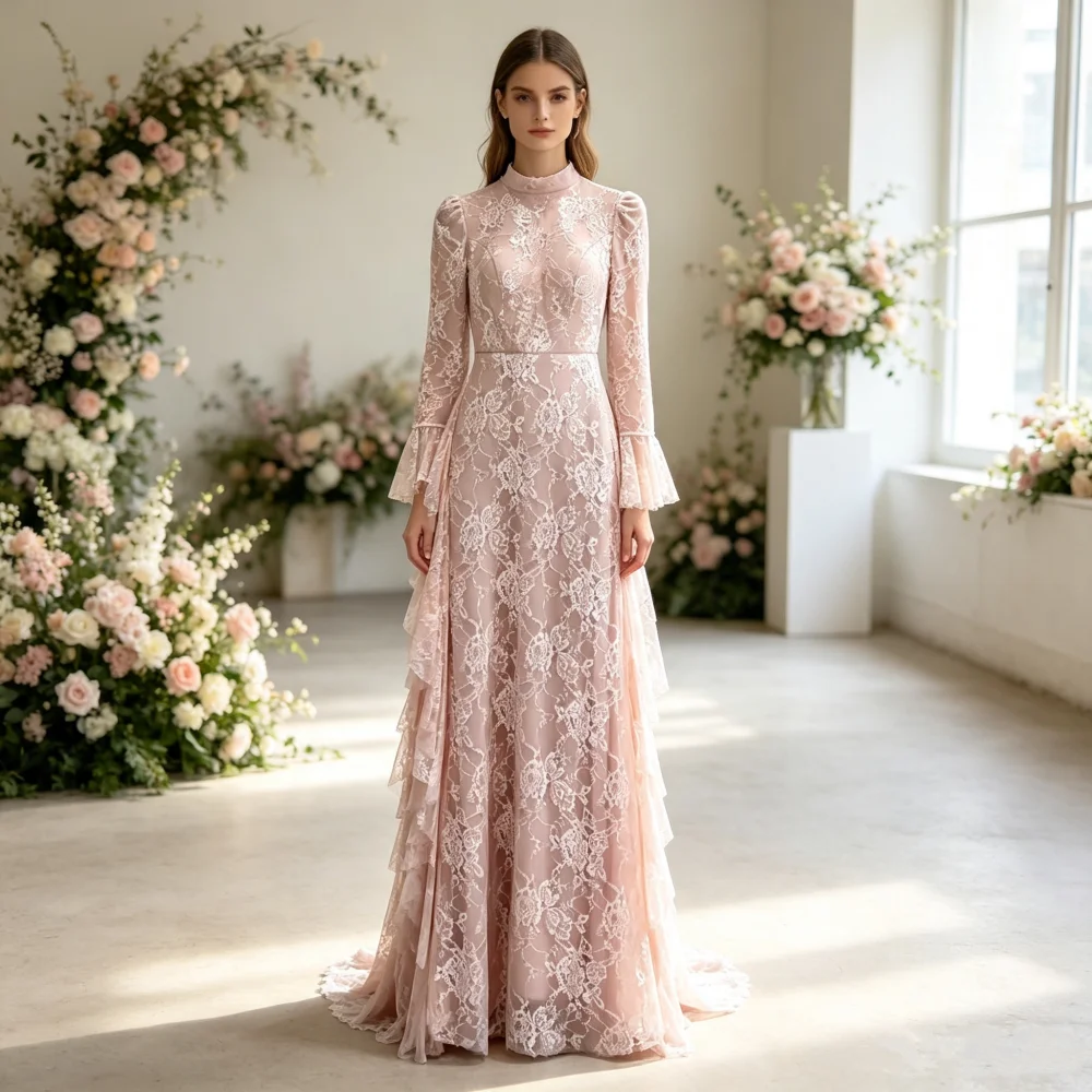 Customized Classic Elegant Long Sleeves Evening Dress Lace A-line Wedding Party Dress for Banquet High Quality