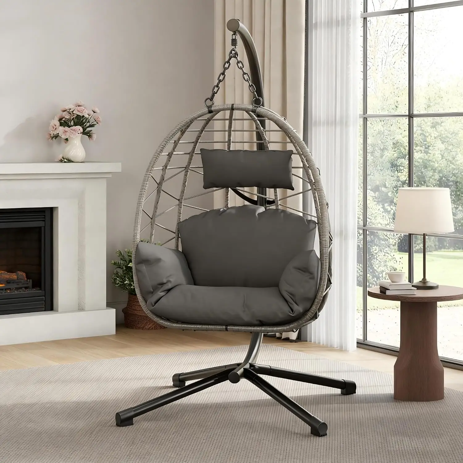 Garvee Hängesessel aus Weide mit drehbarem Metallständer, Hängesessel mit dickem grauem Kissen und schwarzer wasserdichter Schutzhülle, Indoor-Outdoor-Loungesessel für Wohnzimmer, Terrasse, Garten.