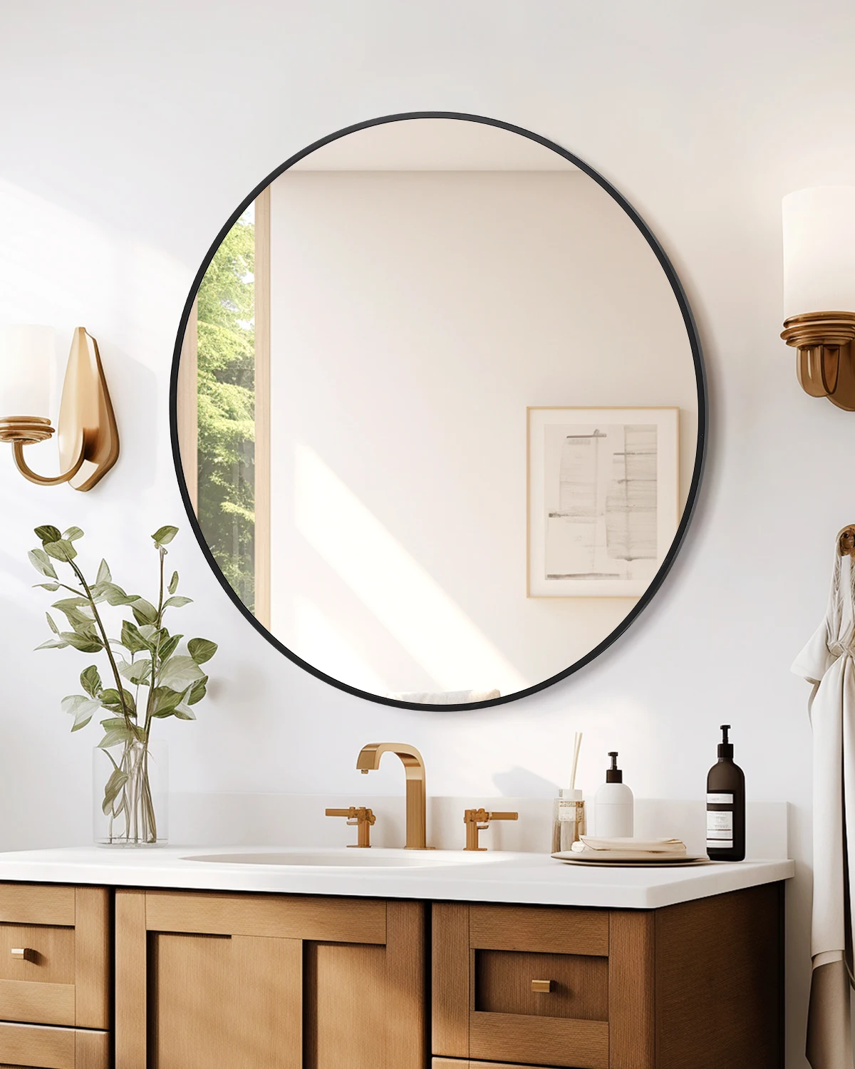 Moderner runder Wandspiegel – mattes Schwarz und goldener Metallrahmen – bruchsicheres HD-Glas – Wandspiegel für Badezimmer, Eingangsbereich und Flur – 32 Schwarz und 36 Gold