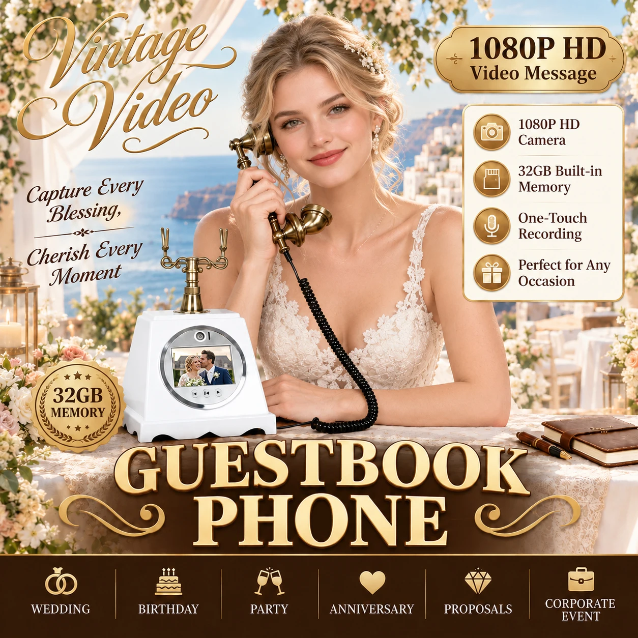 Vintage Video Guestbook Telephone Wedding Guest Book Phone 1080P HD Video Voice Recorder 32GB Memory Wedding Reception Gift