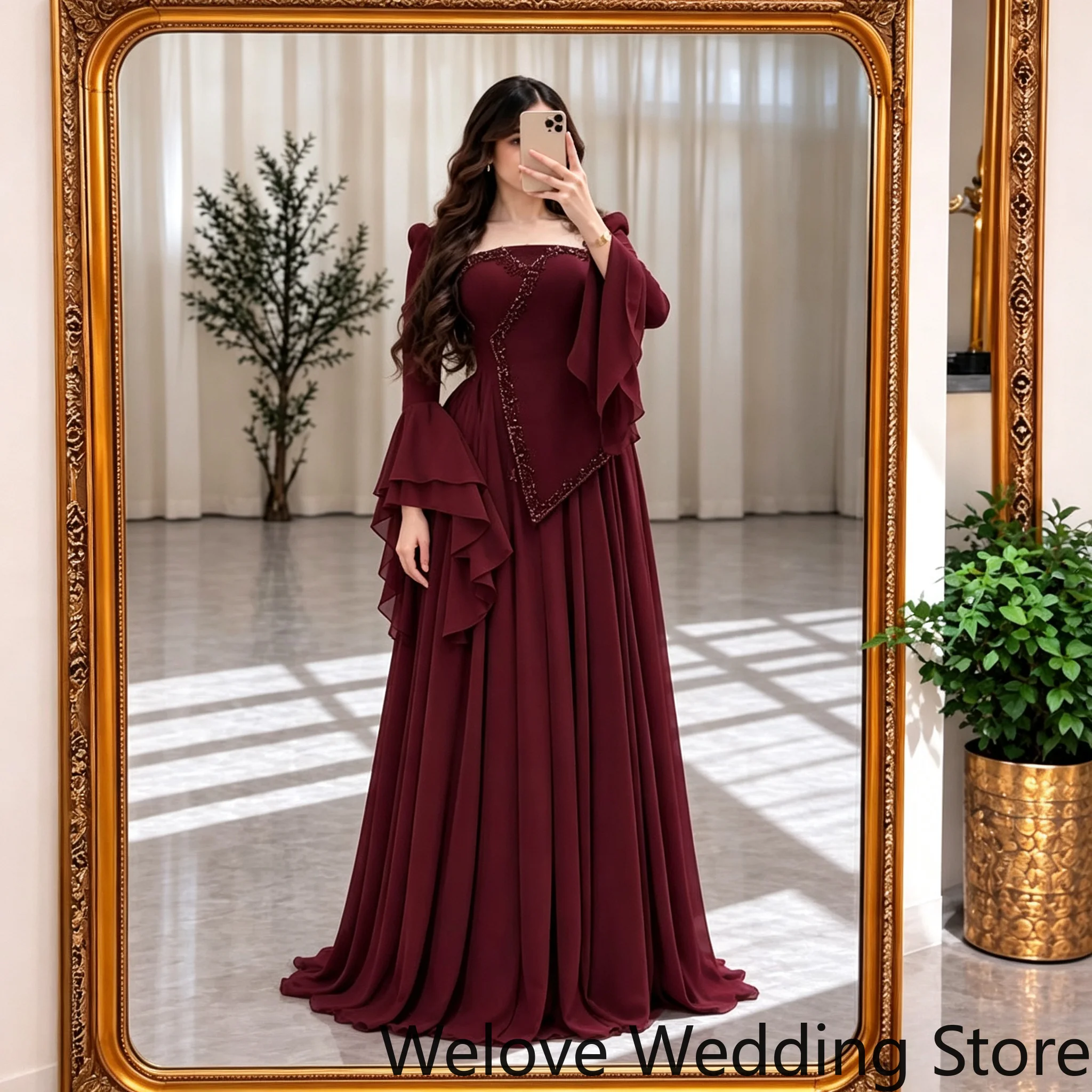 Customized Elegant Burgundy Evening Gown Square Neck Beaded Edge Detail Ruffle Flare Long Sleeve Flowy Chiffon A Line