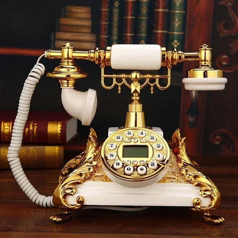 Hot Sale European Style Telephone Landline Home Classical Old Fashioned Corded Phone With FSK/DTMF System, Caller ID, White Gold