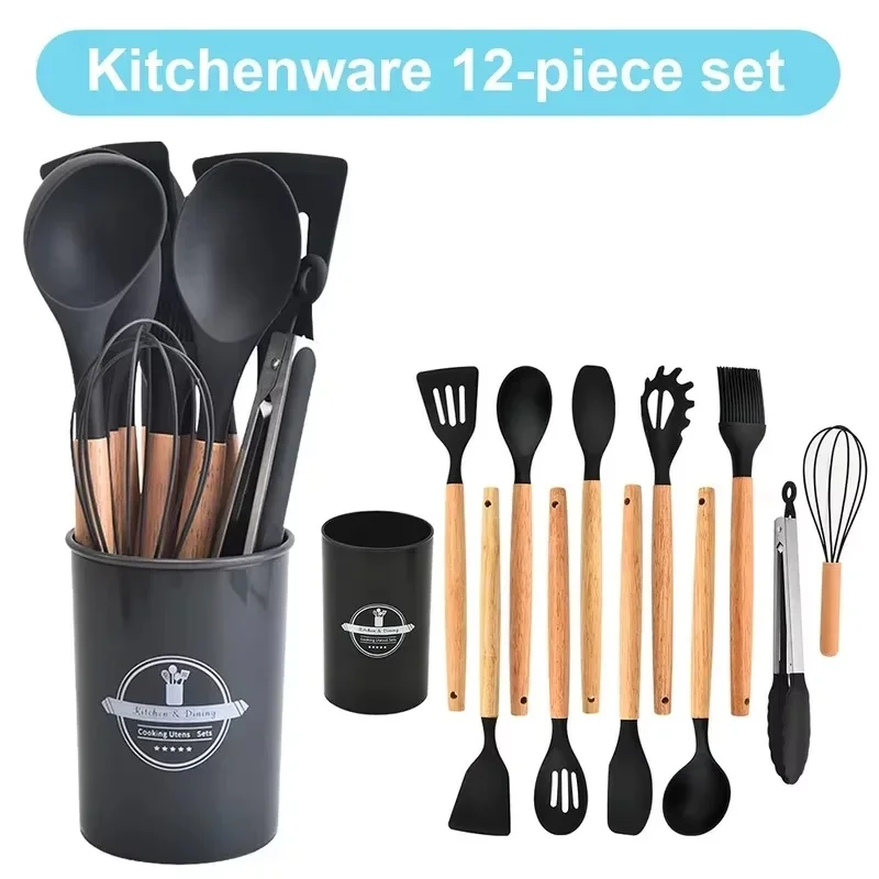 Ensemble de 12 ustensiles de cuisine, comprenant une spatule en silicone et un kit d'outils de cuisine à manche en bois, avec support, ustensiles de cuisine résistants à la chaleur pour la cuisine.