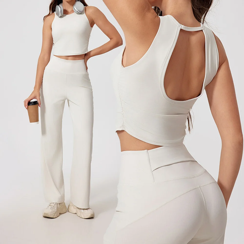 Nouvel ensemble de sport pour femmes, tenue de yoga, vêtements de sport pour la salle de sport, débardeur de sport, haut court, pantalon droit taille haute, vêtements de fitness.
