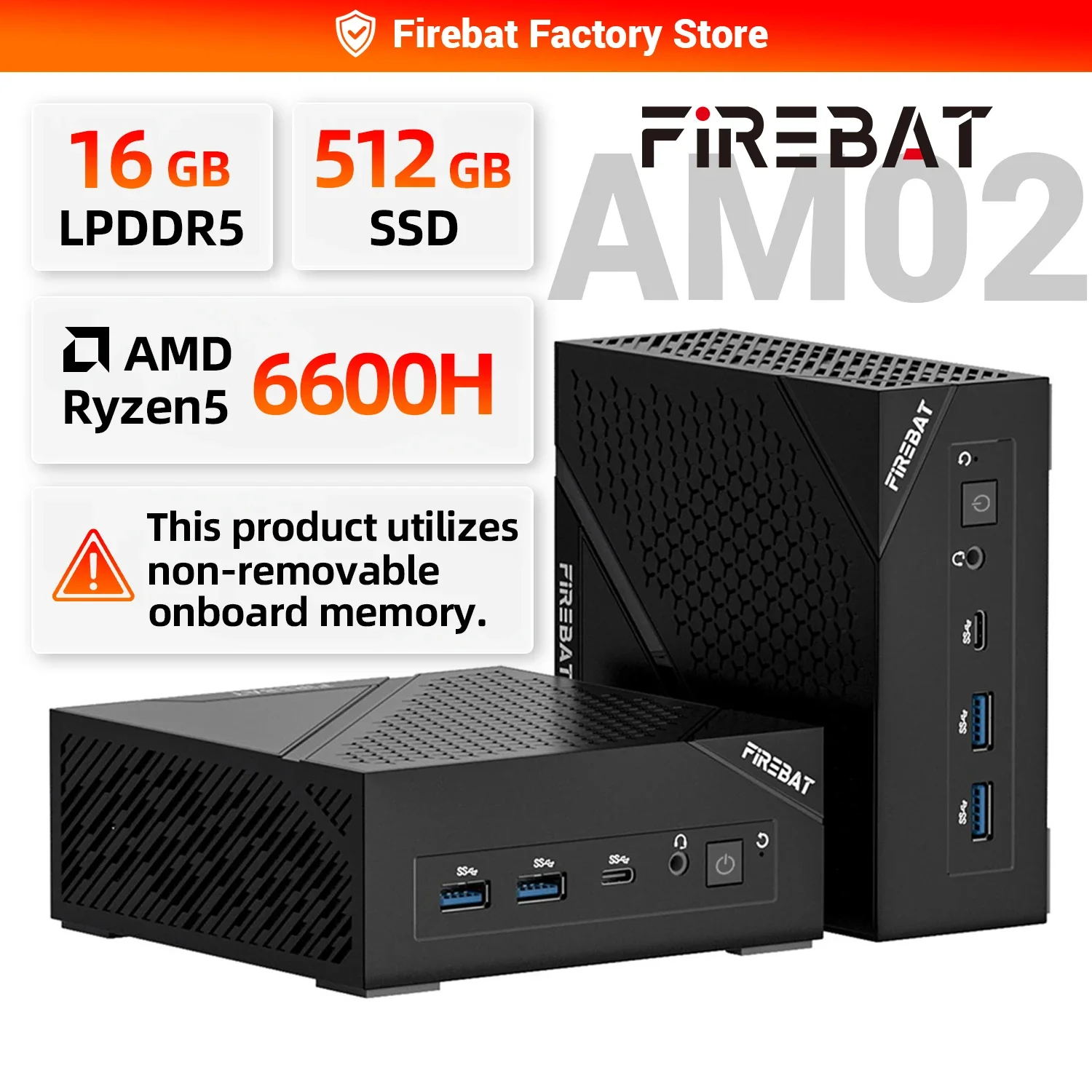 FIREBAT AM02 Mini-PC AMD Ryzen 5 6600H CPU 6C/12T 16GB LPDDR5 RAM 512GB SSD Windows 11 Desktop WIFI6 BT5.2 Gaming-Computer