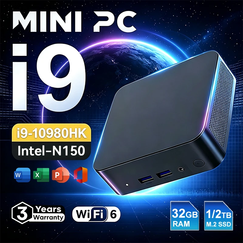 Mini-PC Intel Core I9 10980HK N150 Windows 11 Pro Tragbarer Computer Gaming-PC 32GB RAM 1/2TB SSD Büro Studium 4K WLAN 6 Gamer-PC